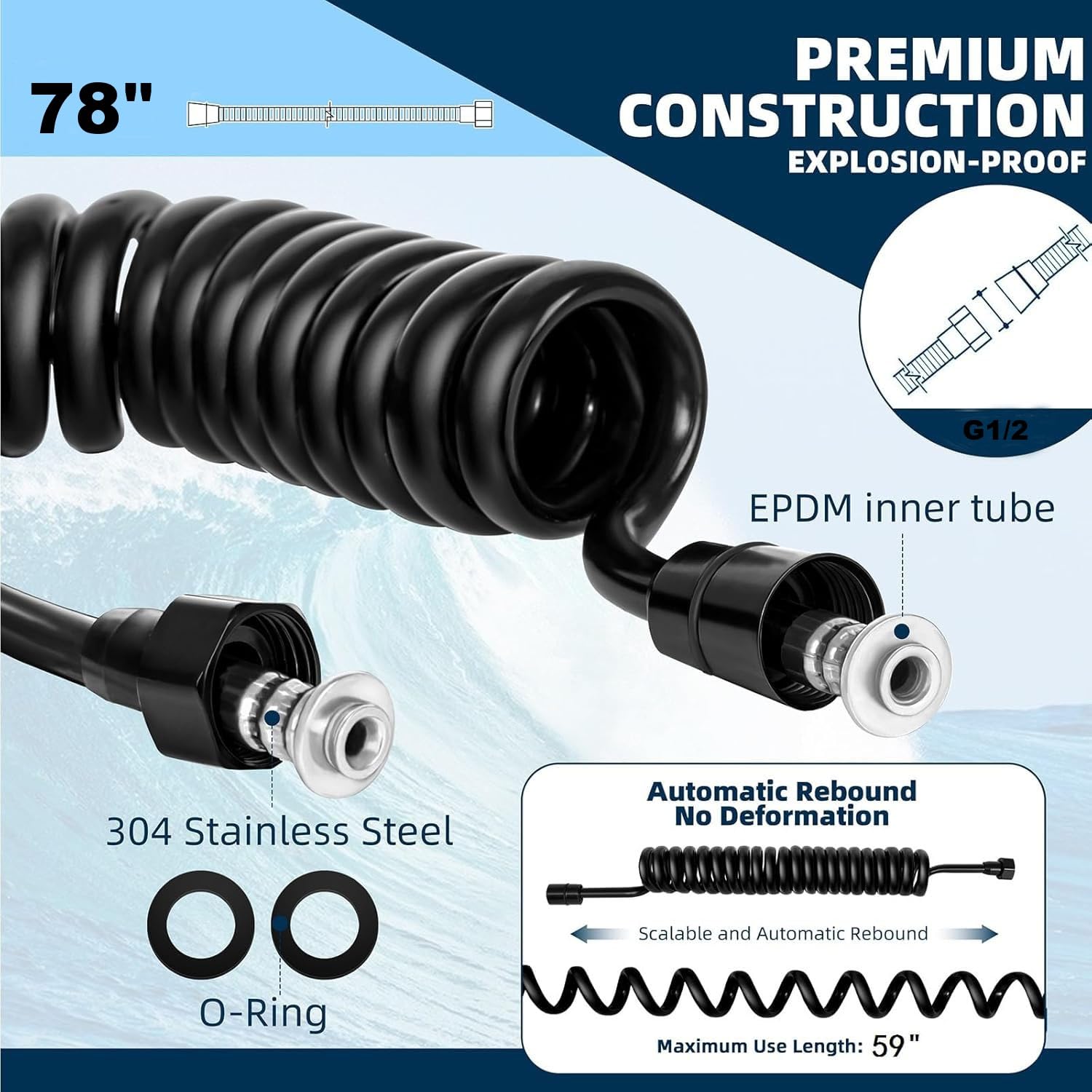 Flexible Bidet Sprayer Hose - PU Telescopic Shower Hose with G1/2 (0.8 Inch, 20mm) Internal Thread - 2M Gray - Perfect for Toilet Bidet, Baby Bath & Pet Cleaning