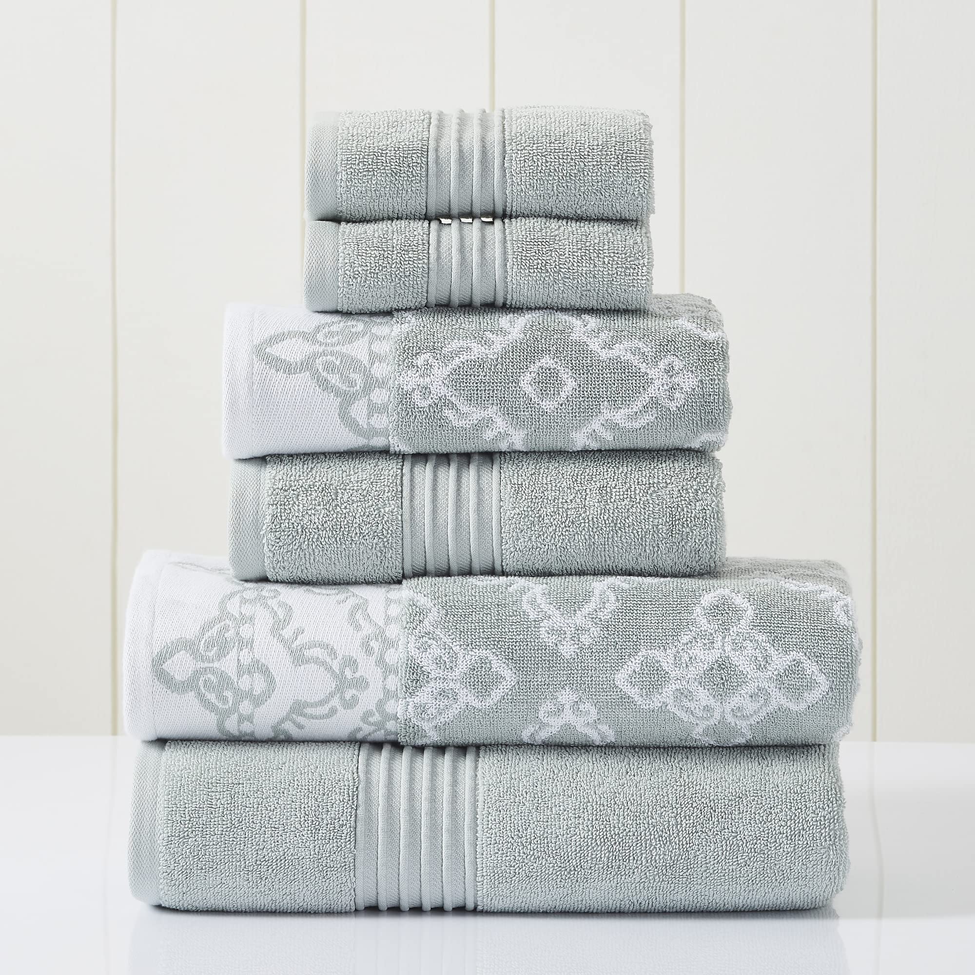 Premium 6-Piece Towel Set - 2 Bath Towels, 2 Hand Towels, 2 Washcloths | Yarn-Dyed Jacquard & Solid Design | Charlize Dark Sage | Luxury Bathroom Essentials for Spa-Like Experience