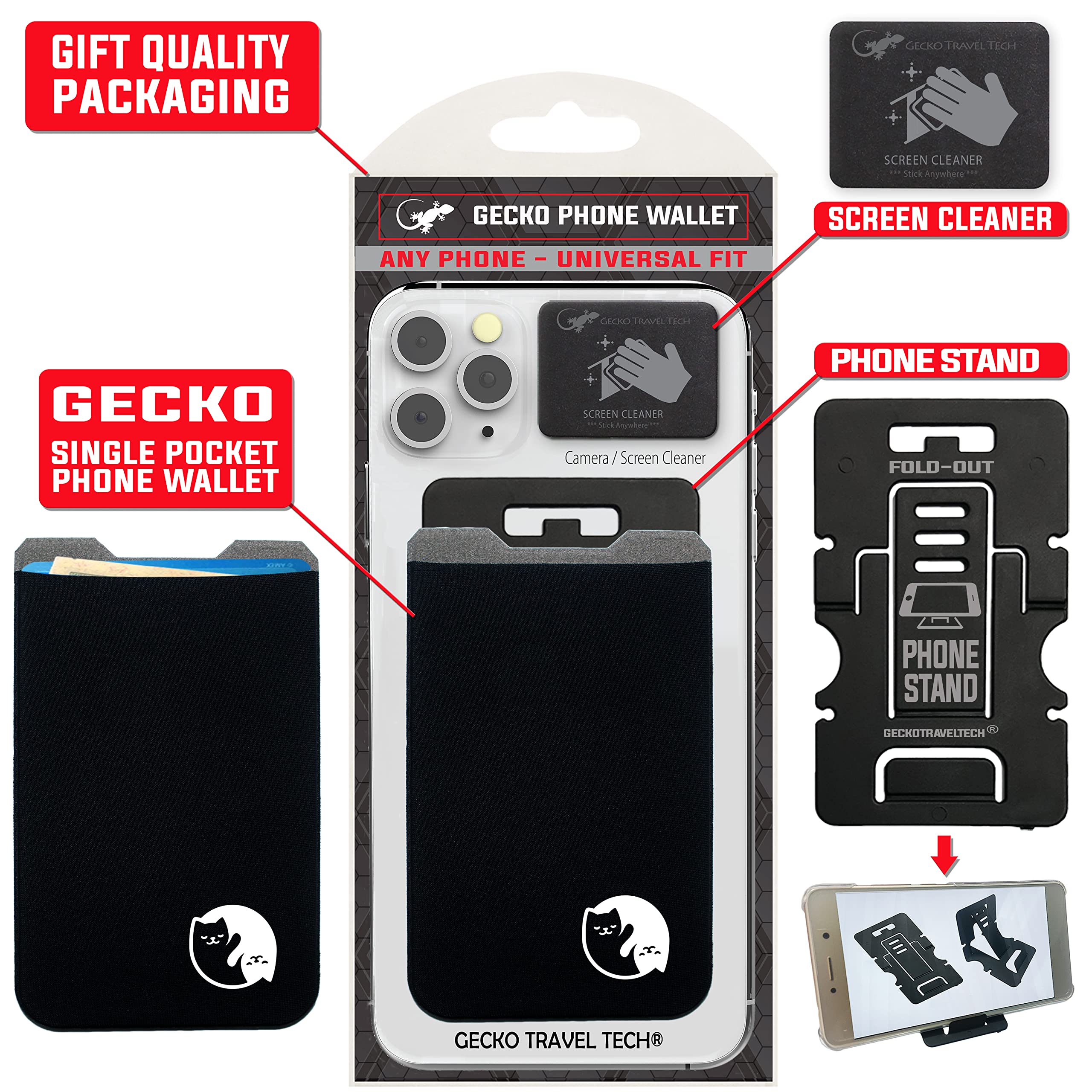 Gecko Stick-On Phone Wallet - Slim Adhesive Card Holder for iPhone & Android - Secure Lycra Pocket for Credit Cards, Cash & ID - Perfect for Gym, Travel & Everyday Use