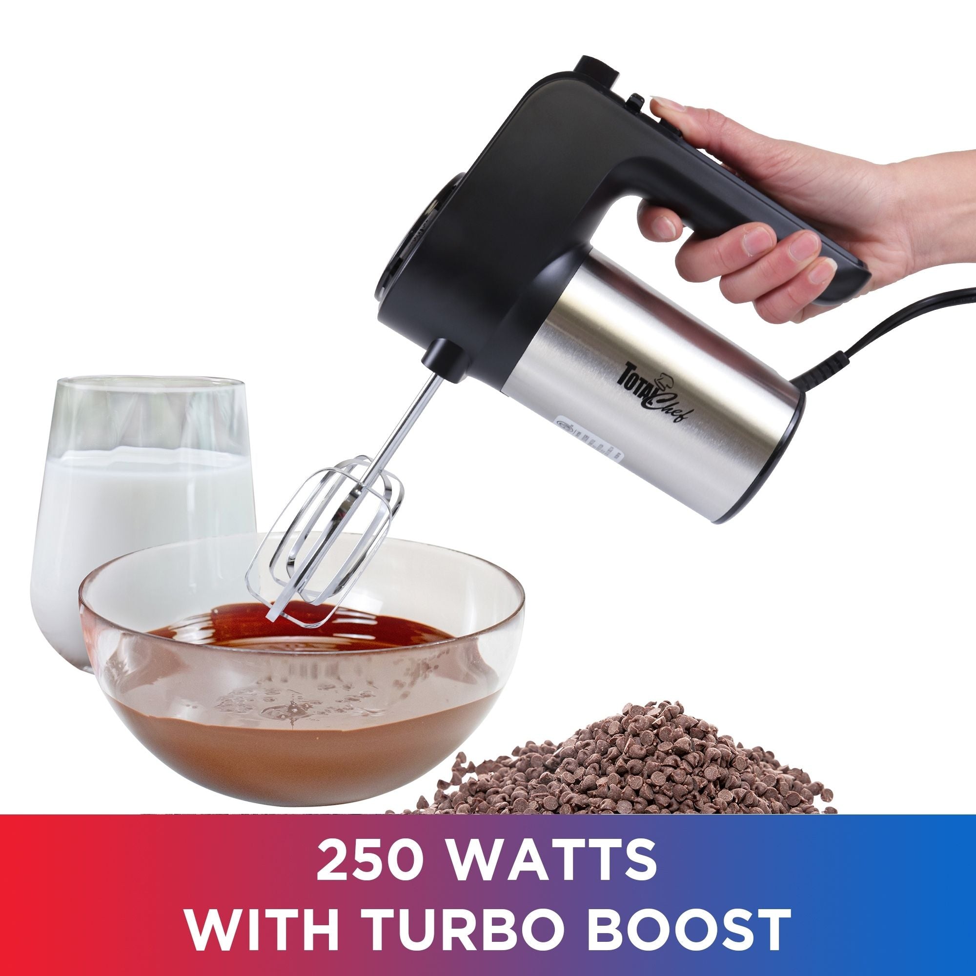 Total Chef 6-Speed Electric Hand Mixer with Stainless Steel Beaters & Dough Hooks - 250W Turbo Boost Motor, Dishwasher Safe, Clip-On Storage (Black/Silver) - Perfect for Baking Cakes, Cookies & Mixing Dough at Home