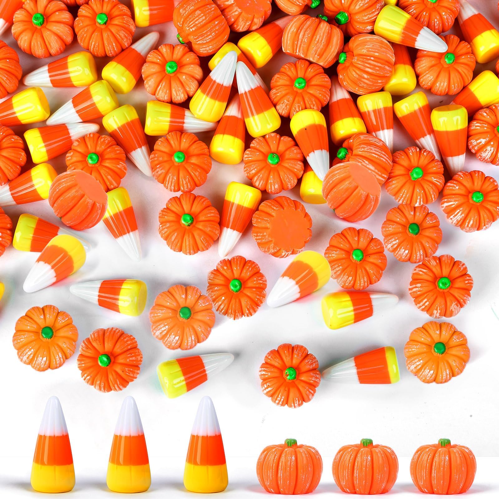 80Pcs Halloween Resin Charms - Mini Fake Pumpkin & Candy Corn Decorations for DIY Crafts, Party Favors, Scrapbooking, and Spooky Home Decor