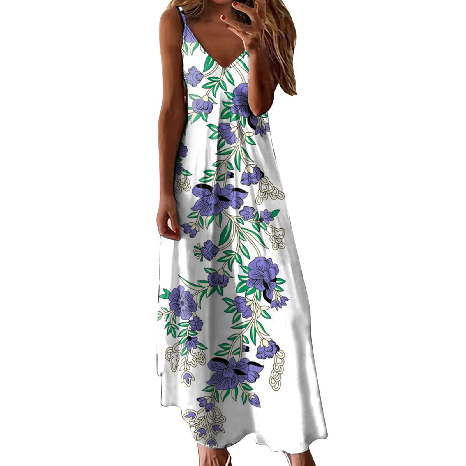 ETHKIA Women's Summer Sleeveless Floral Print Sundress - Elegant Casual Party Swing Long Dress for Beach, Vacation & Outdoor Events