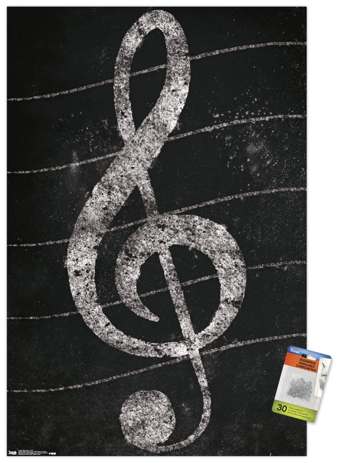 Treble Clef Music Wall Art - Chalkboard Style Poster with Push Pins for Classroom, Music Studio & Home Decor
