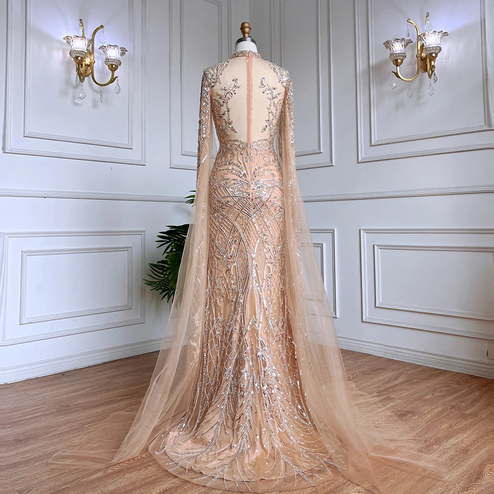 Elegant Beaded Mermaid Evening Gown with High Collar & Cape Sleeves for Women - Luxury Party Dress for Prom, Gala & Formal Events 2025