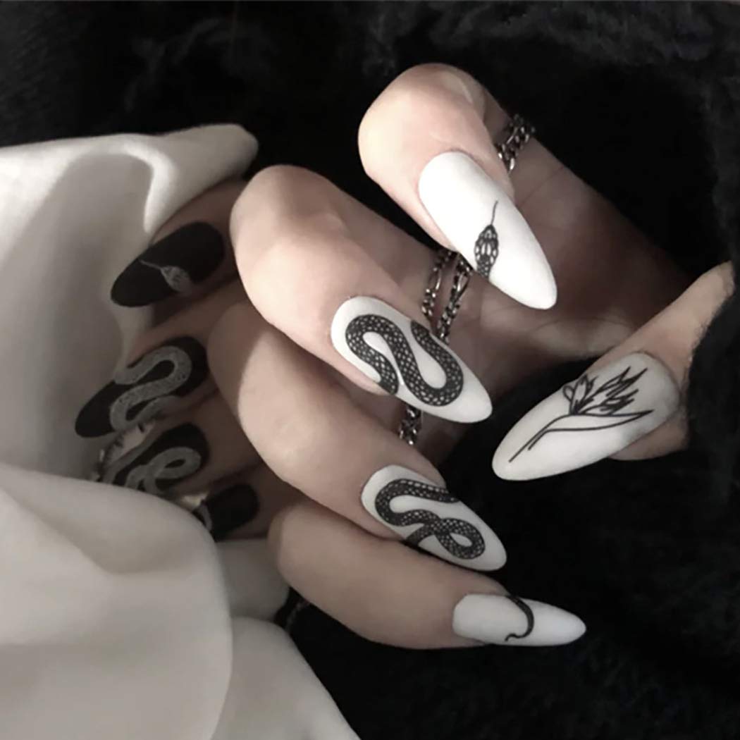 Sethexy 24Pcs Matte Stiletto Press on Nails - Black White Snake Print Acrylic Fake Nails for Women, Long Full Cover False Nails Tips | Perfect for Parties, Weddings, and Special Occasions