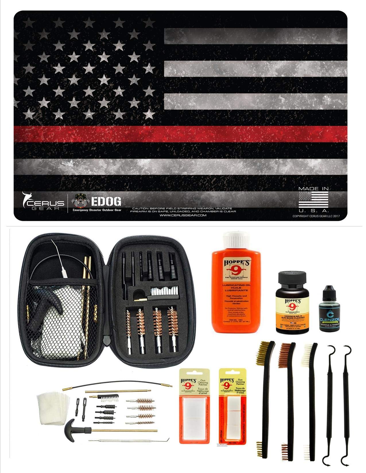 EDOG Range Warrior 27-Piece Gun Cleaning Kit for .22 .38 .357 9MM .45 Caliber Pistols - Thin Red Line Firefighter Tribute with Handgun Mat & Tactical Cleaning Essentials - Perfect for Range Maintenance & Firearm Care