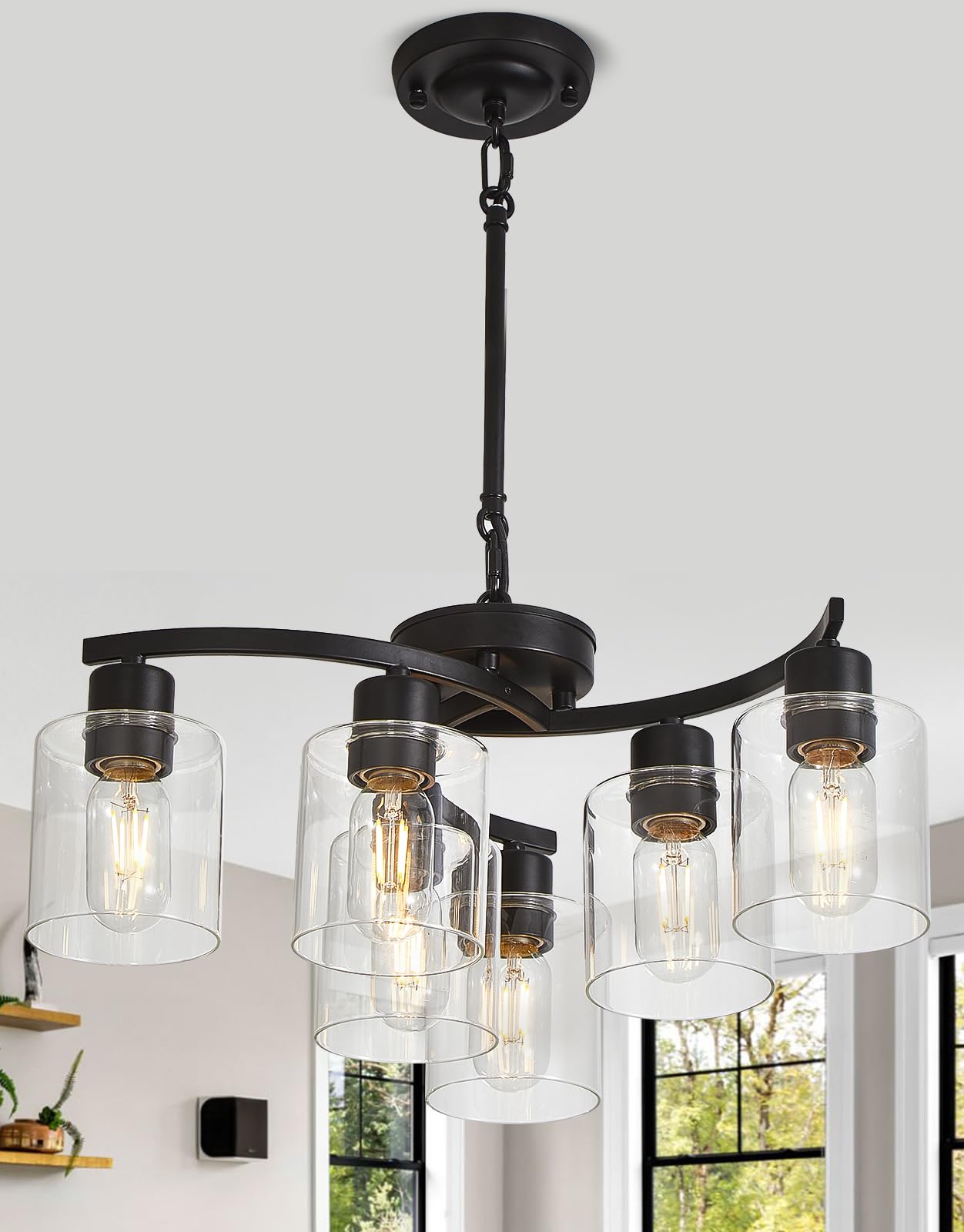 6-Light Modern Farmhouse Chandelier - Black Industrial Pendant Ceiling Light with Clear Glass Shade - Contemporary Hanging Lighting Fixture for Dining Room, Living Room, Kitchen Island & Entryway