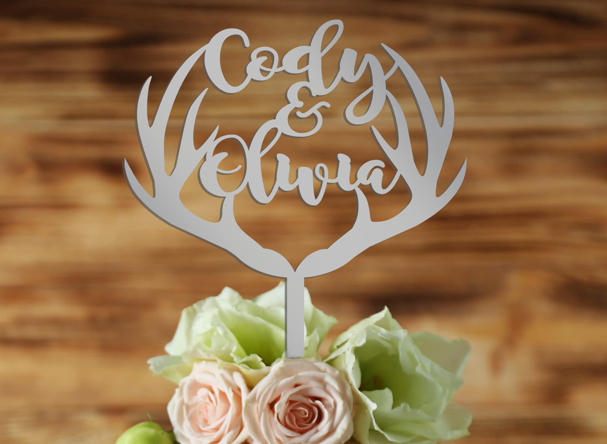 Personalized Antler Wedding Cake Topper - Custom Script Name Cake Decor for Rustic, Country & Boho Weddings - Perfect for Anniversary, Baby Shower & Special Celebrations