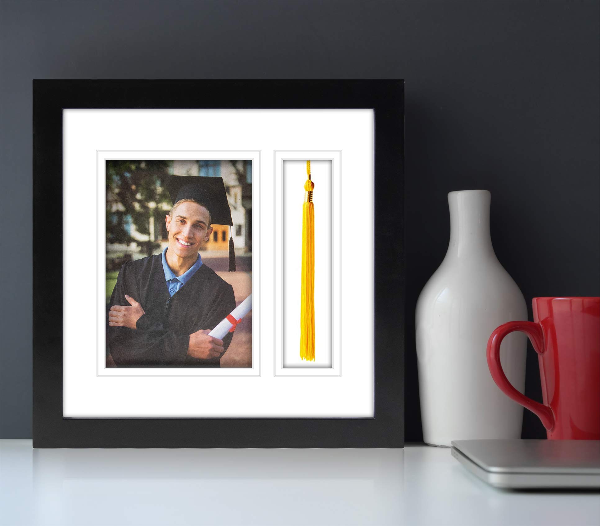 Golden State Art Graduation Shadow Box Frame - Double Mat, Real Glass & Tassel Insert - Black Display Case for Diplomas, Certificates & Memorabilia - Perfect for Graduation Gifts & Home Decor