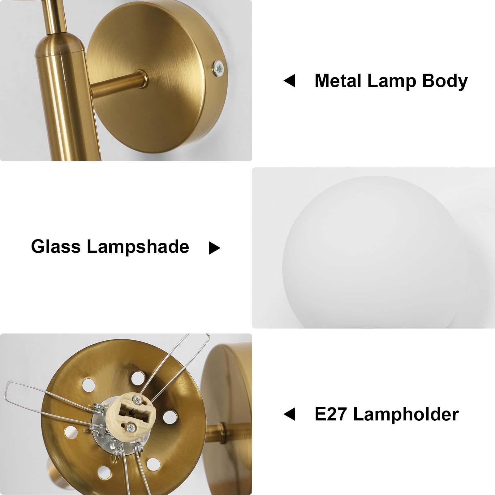 Comely LED Indoor Wall Light - E27 Wall Lamp with Glass Ball Lampshade, Gold Globe Sconce for Bedroom, Living Room, Study & Bedside | Modern Home Decor Lighting for Cozy Ambiance
