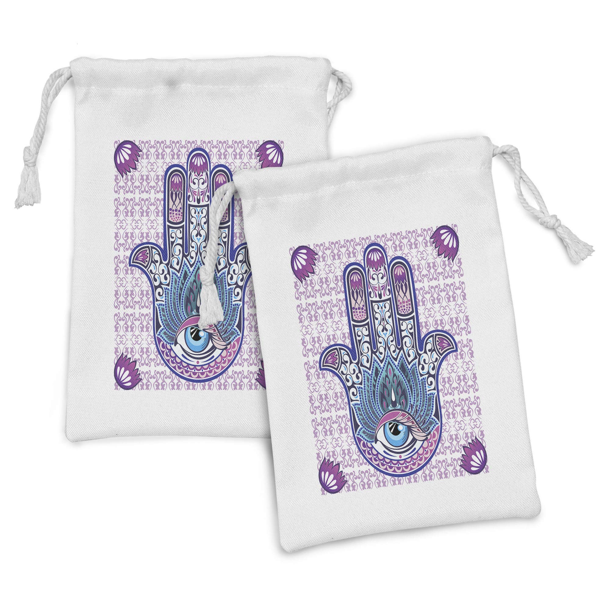 Ambesonne Ethnic Fabric Pouch Set of 2 - Oriental Hand with Eyes & Floral Swirling Design - Small Drawstring Bag for Toiletries, Masks, Jewelry & Party Favors (9