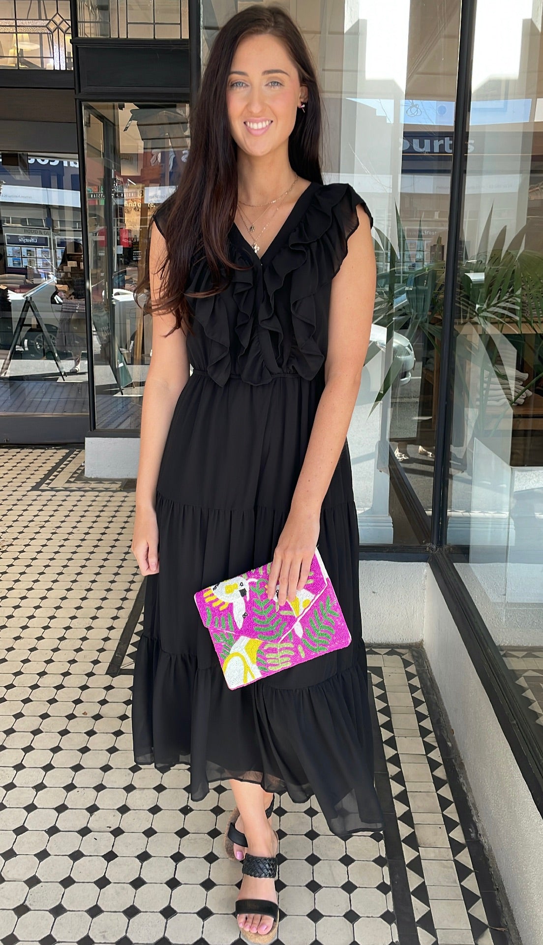 Serena Chiffon Tiered Midi Maxi Dress Black - Elegant Flowy Summer Dress for Women, Perfect for Weddings, Parties & Beach Vacations