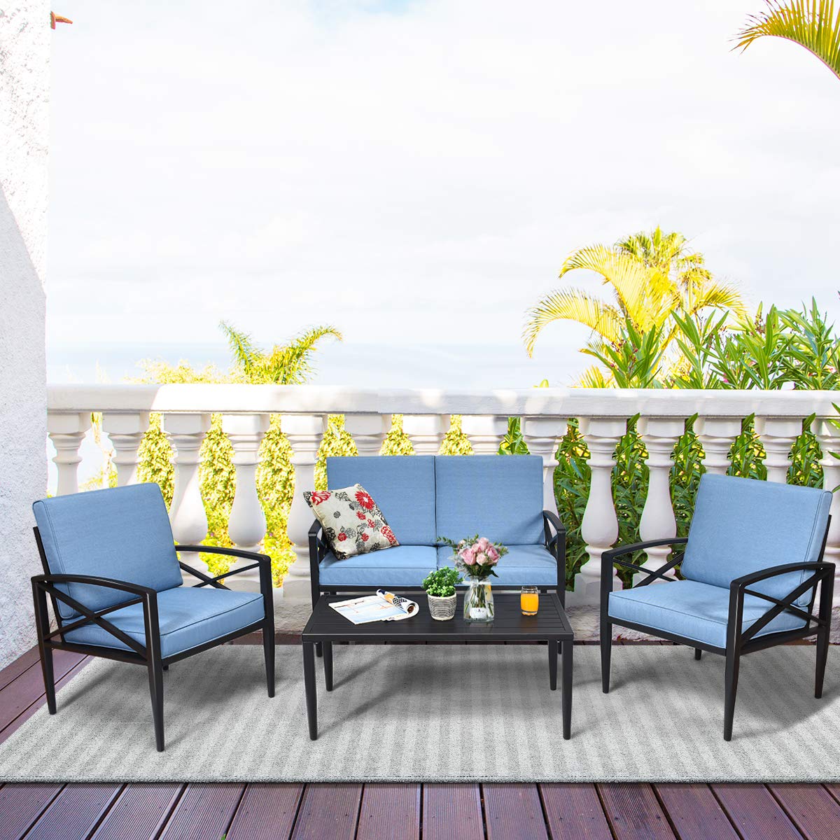 Tangkula 4-Piece Outdoor Aluminum Patio Conversation Set - 1 Loveseat, 2 Single Sofas & Coffee Table with Padded Cushions - Weather-Resistant Garden, Yard, Poolside & Backyard Furniture (Blue) - Perfect for Relaxing, Entertaining & Outdoor Gatherings