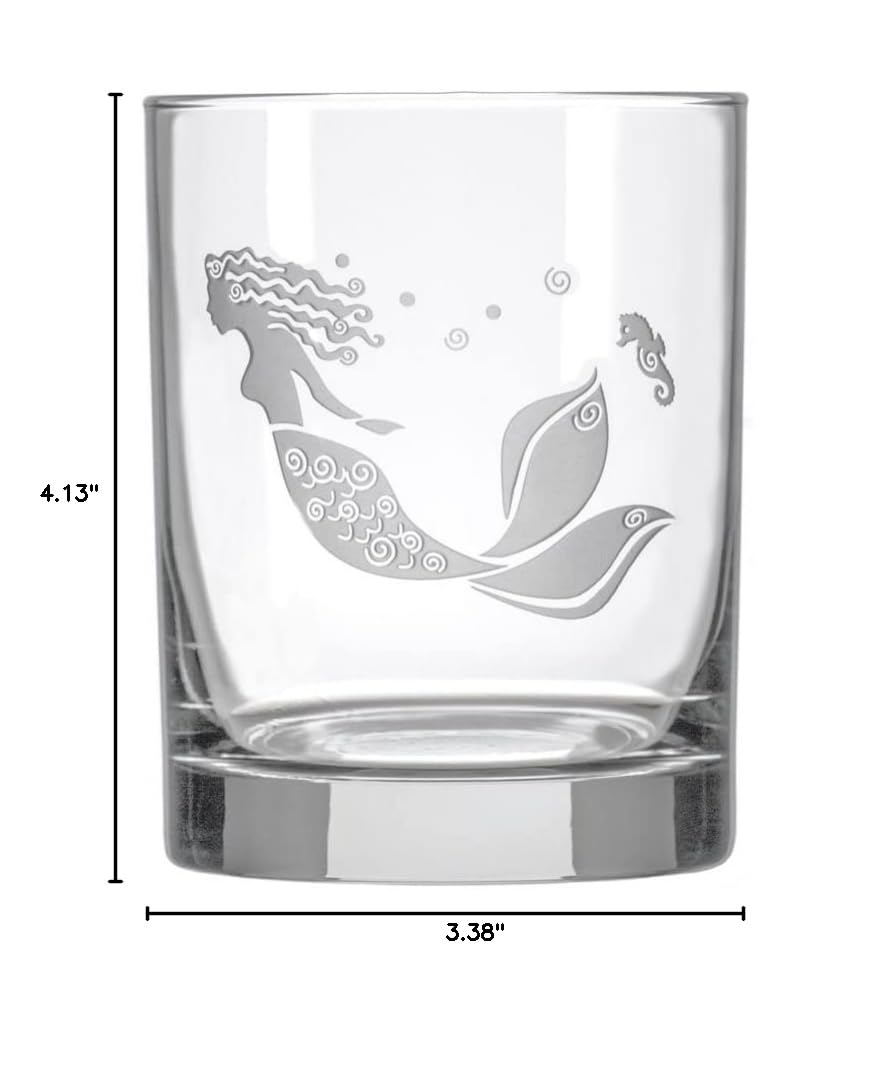 Premium Rolf Glass Mermaid Double Old Fashioned Whiskey Glasses Set of 4 - 13oz Lead-Free Etched Tumblers - Handcrafted in USA - Perfect for Bourbon, Scotch & Cocktail Parties