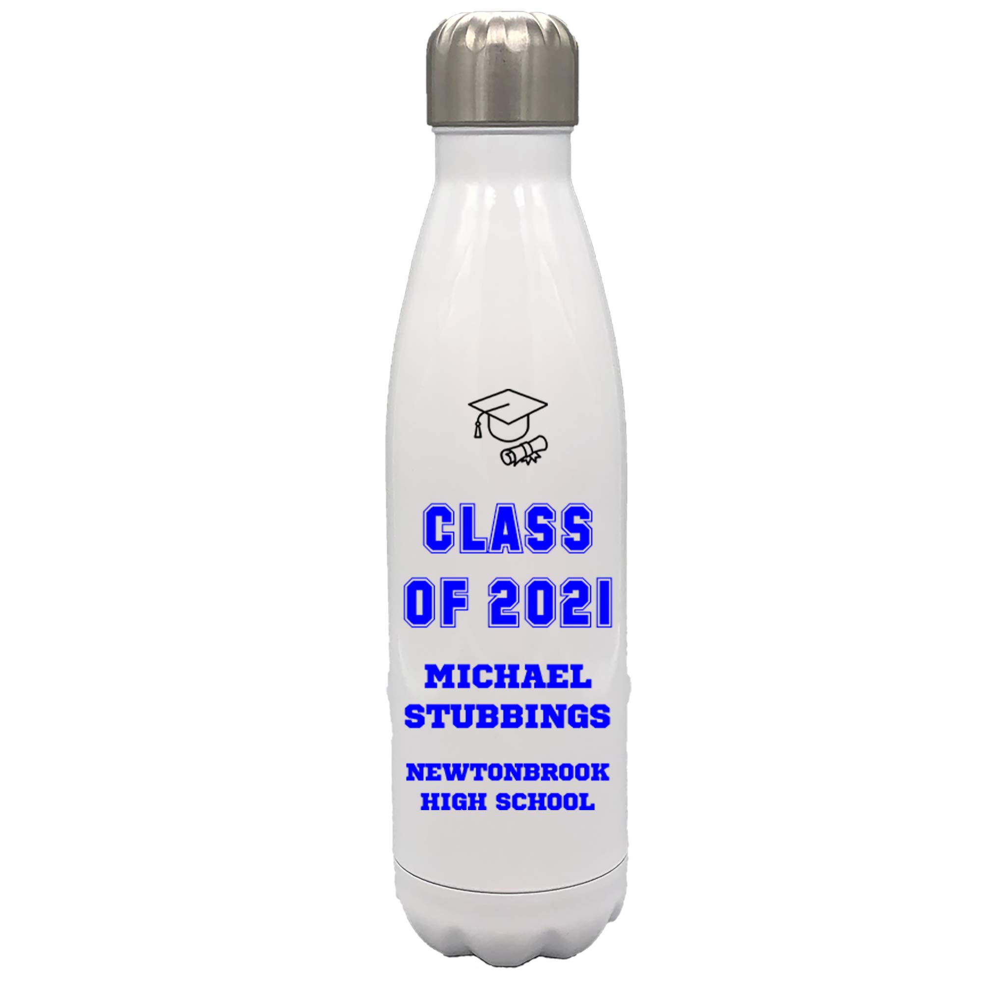 Personalized 2021 Graduation Water Bottle - Custom Class of 2021 Gift for Boys & Girls - Blue & White - Perfect for School, College Ceremonies & Graduation Parties