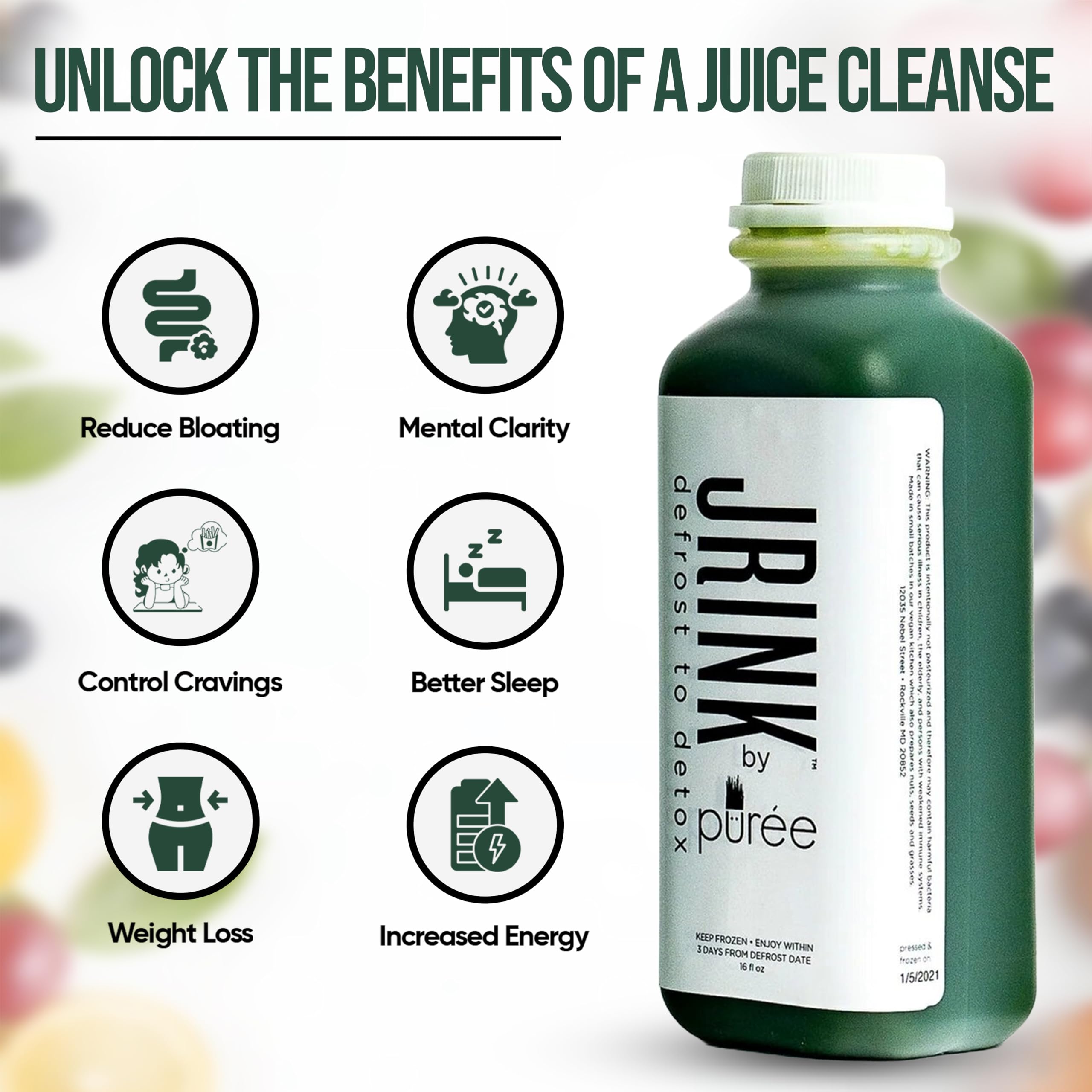 JRINK by Purée Daily Green Juice - Cold Pressed 100% Organic Raw Fruits & Vegetables Juice, No Preservatives, Freshly Juiced-To-Order, 18 Pack 16oz HDPE Bottles - Perfect for Detox, Energy Boost & Healthy Lifestyle