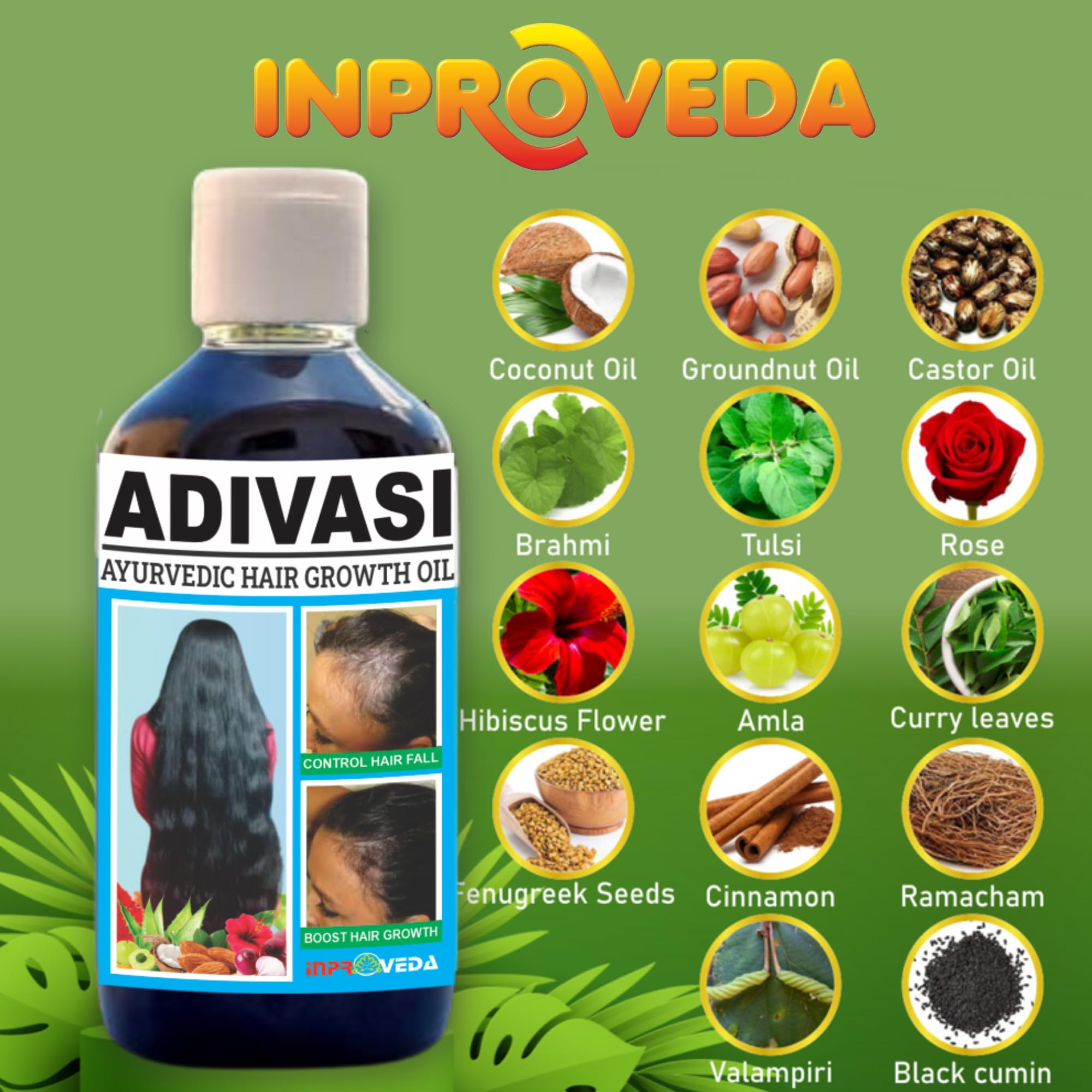 INPROVEDA Adivasi Herbal Hair Growth Oil - 200ml | Natural Hair Loss Treatment for Strong & Healthy Hair | Frizzy Hair Repair & Nourishment | Perfect for Daily Hair Care & Scalp Massage