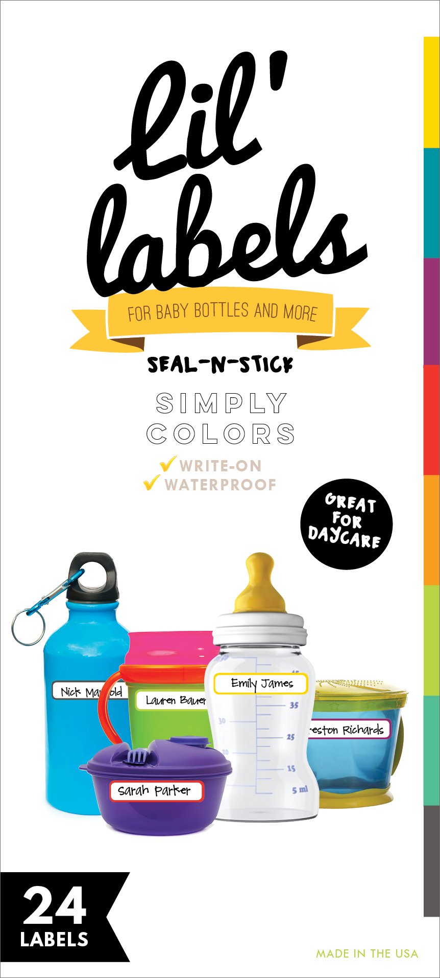 Self-Laminating Waterproof Bottle Labels for Kids - Dishwasher & Freezer Safe Name Tags for Baby Bottles, Food Pantry & School Supplies | Daycare, Kitchen & Home Organization (Rainbow Colors)