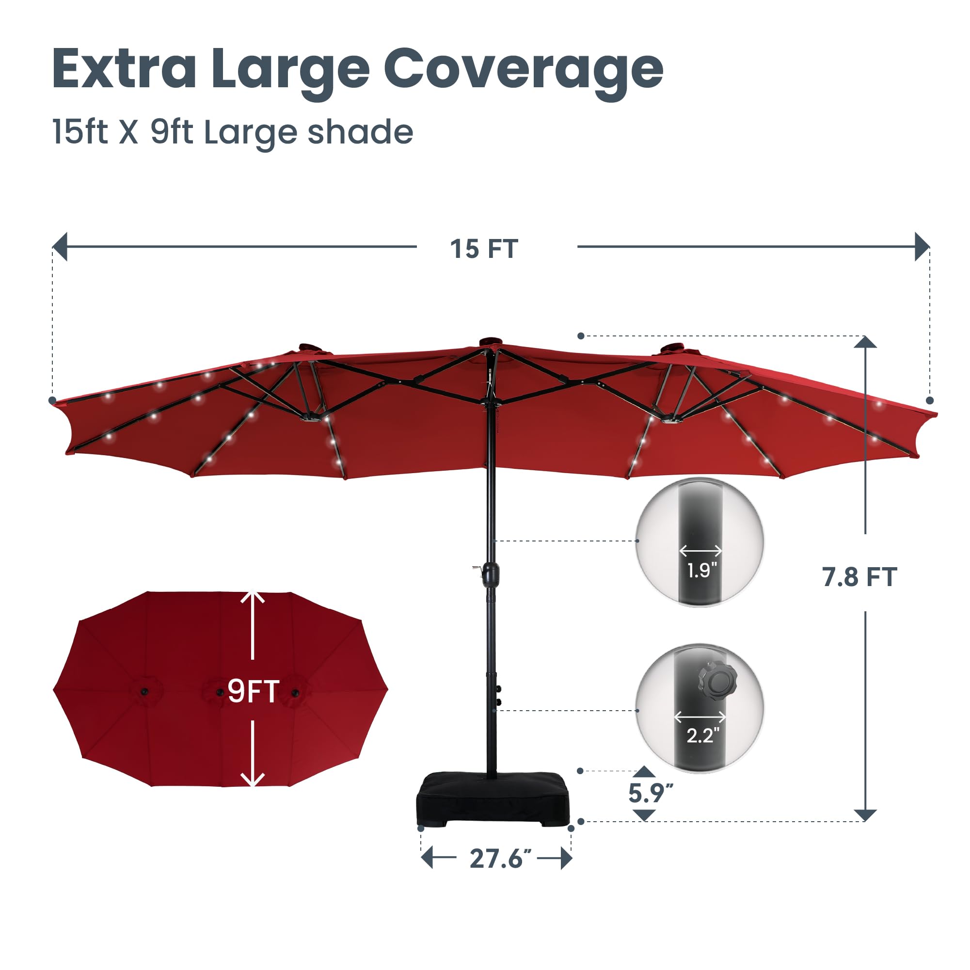 PHI VILLA 15ft Large Outdoor Patio Umbrella with 36 LED Solar Lights - Double-Sided Rectangle Market Umbrella for Garden, Poolside & Backyard - Includes Heavy Duty Base Stand - Dark Red - Perfect for Outdoor Dining, Lounging & Shade Protection