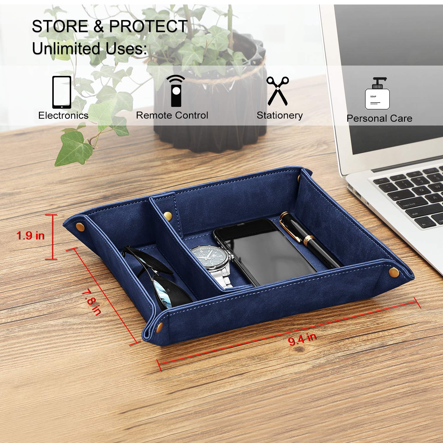 SITHON Valet Tray with Removable 2 Compartments - Dark Blue Desktop Organizer for Jewelry, Keys, Coins & Essentials | Perfect for Bedside, Vanity, Nightstand & Office Desk Storage