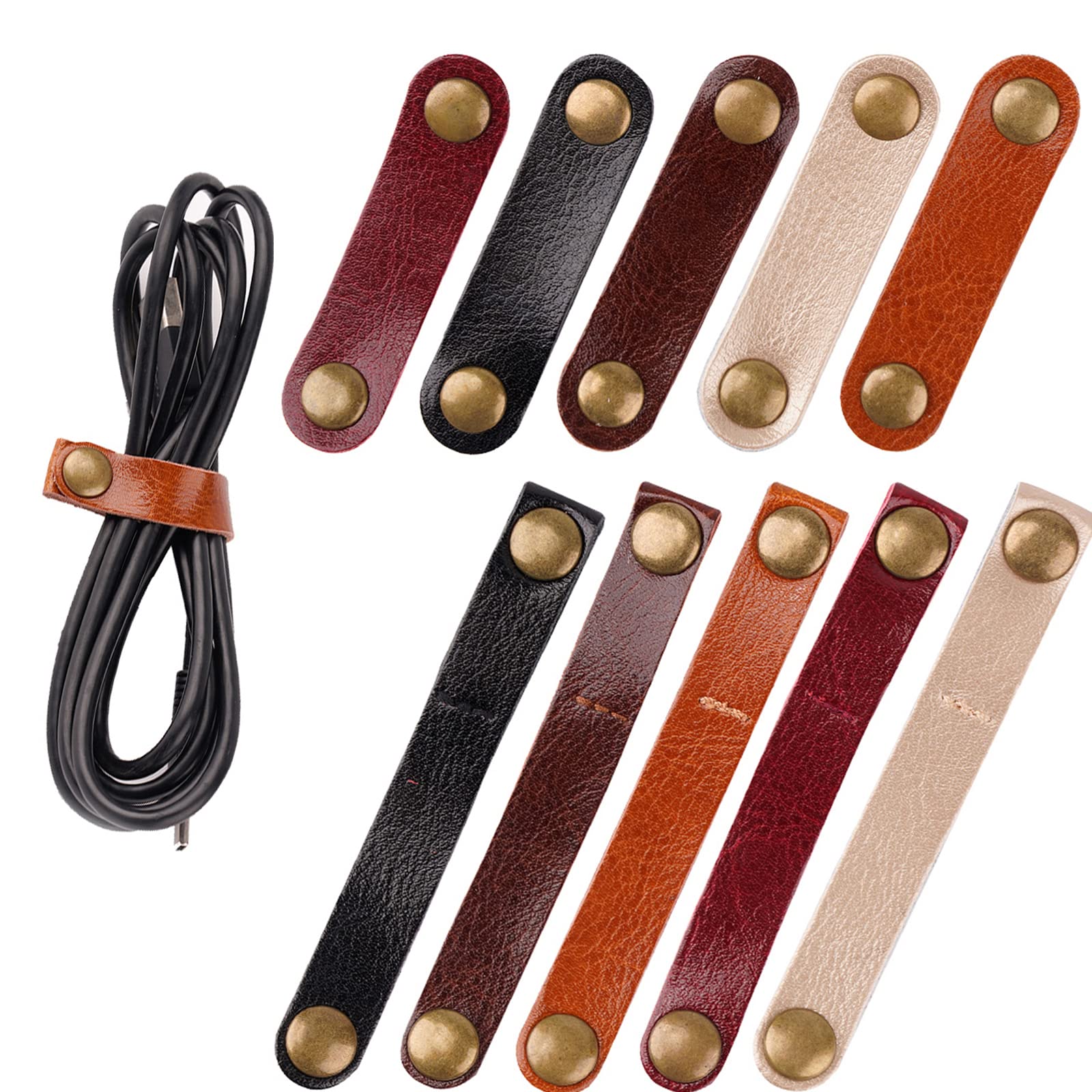 20 Pack Leather Cable Straps - Reusable Cord Organizers for USB, Headphones & Wires - 2 Sizes (5 Colors) - Portable Cable Tie Keeper for Home, Office & Travel - Neat Cable Management Solution