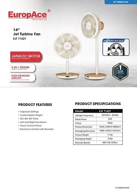Europace EJF 7142Y 14-Inch DC Jet Turbine Fan - High Velocity Cooling Fan for Home, Office, Workshop & Industrial Use