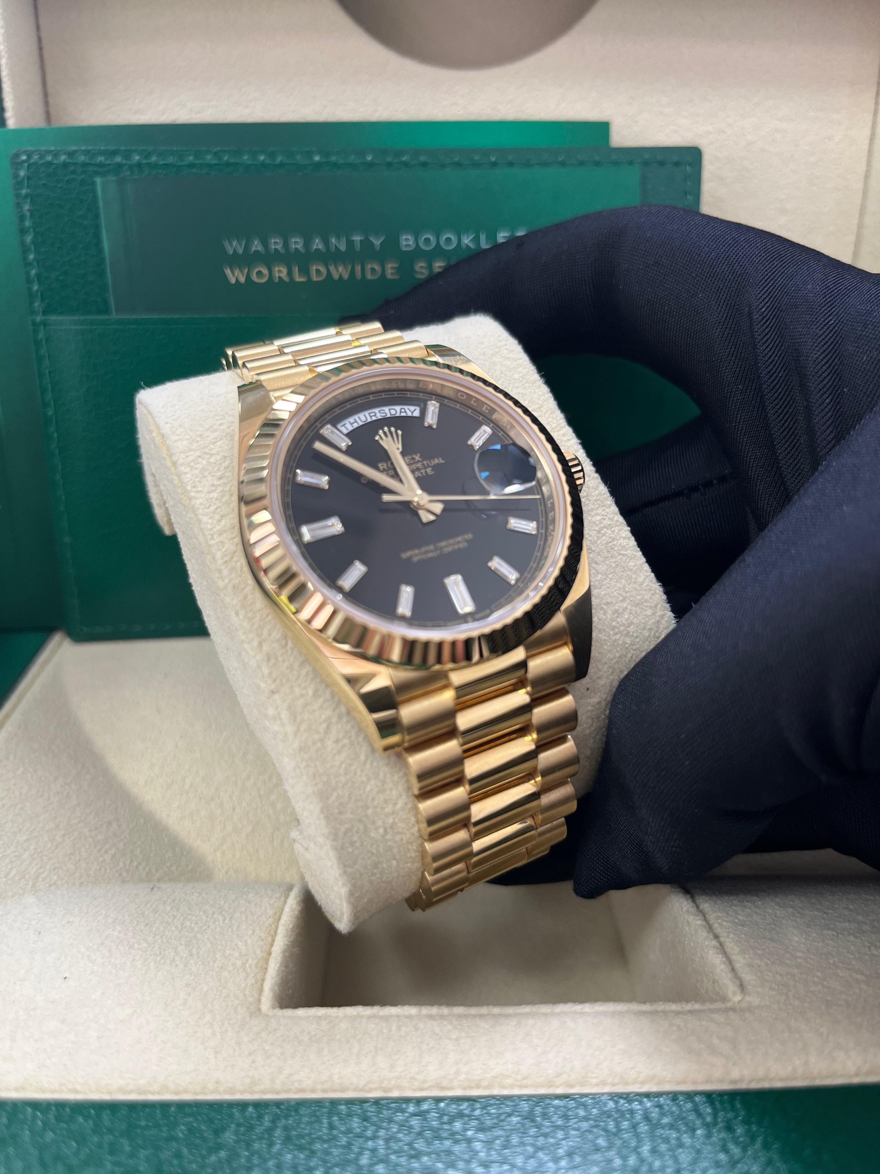 Rolex Day Date 40 18k Yellow Gold Watch with Baguette Diamond Dial & Fluted Bezel (Ref# 228238) - Luxury Timepiece for Business Meetings, Formal Events & Special Occasions