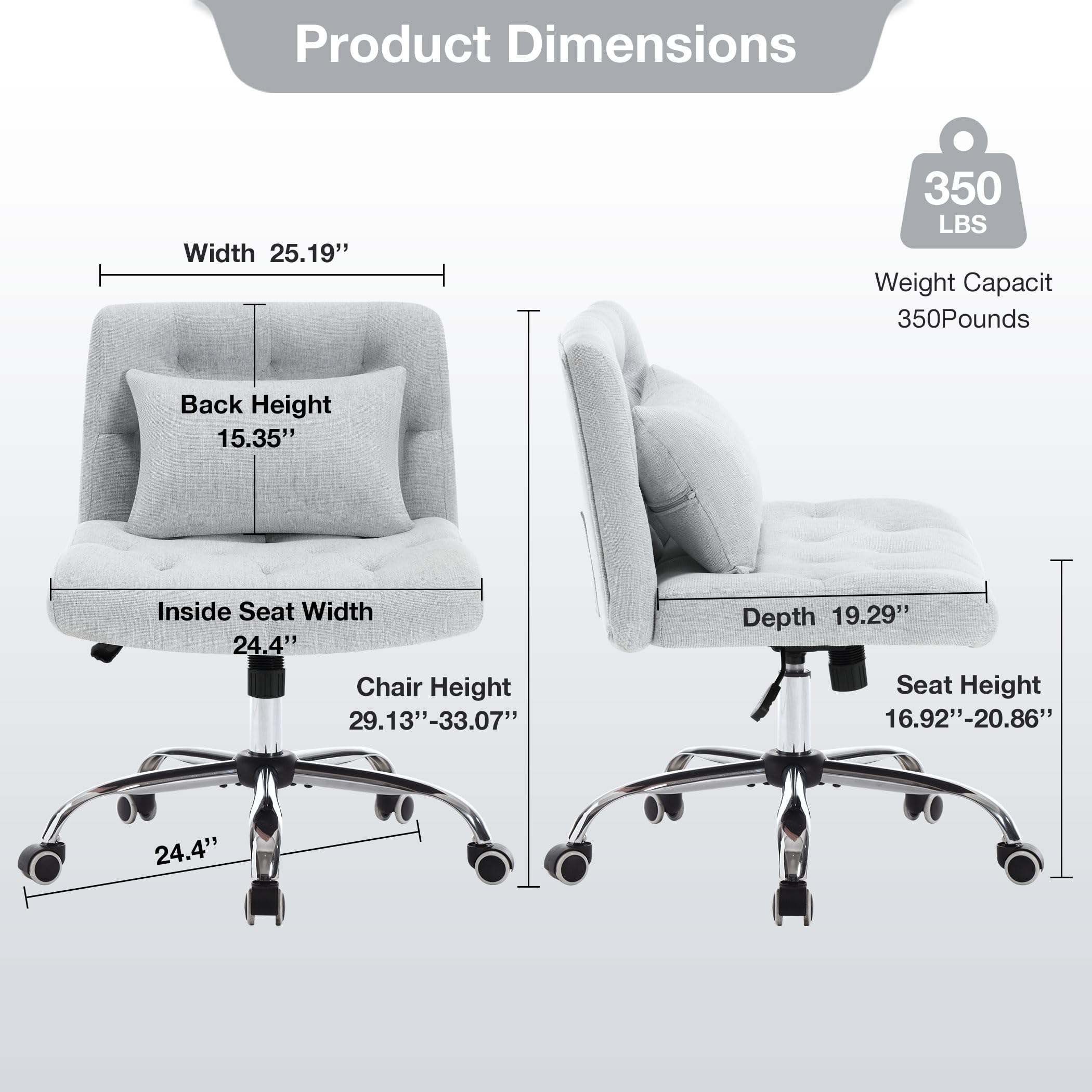 Armless Fabric Office Desk Chair with Wheels - Cross Legged Wide Seat Ergonomic Computer Task Chair for Small Spaces - Modern Home Office Chair with Lumbar Support - Perfect for Women's Vanity, Gaming, and Compact Workspaces