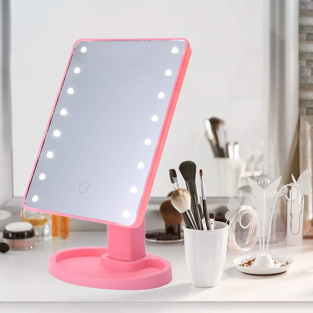 16 LED Makeup Mirror with Touch Dimmer Switch - Battery Operated Vanity Mirror with Stand for Tabletop (Pink) - Perfect for Home Dressing Table, Travel & Professional Makeup Artists