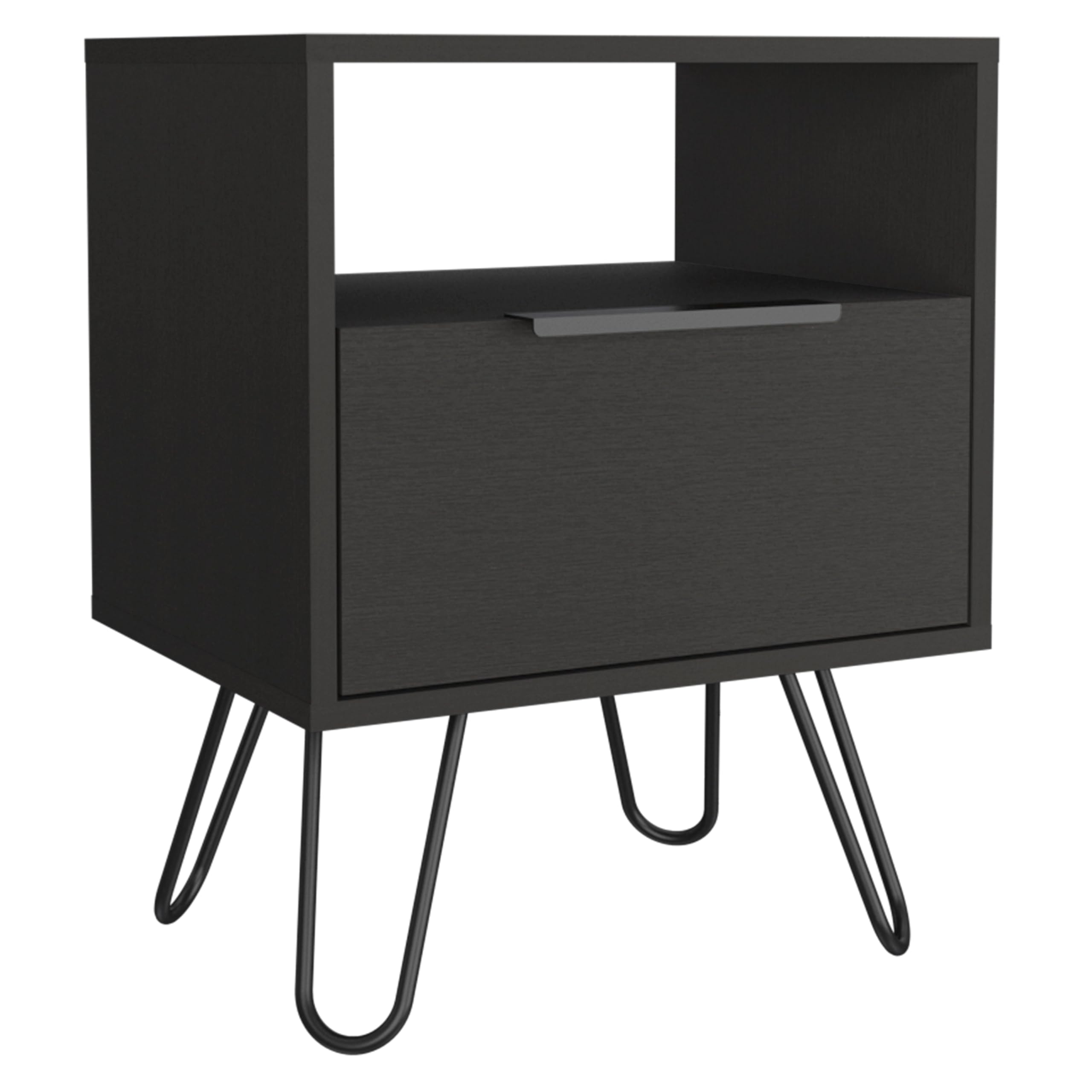 Tuhome Augusta Nightstand with Single Door Cabinet and Hairpin Legs - Black | Modern Bedside Table for Bedroom, Living Room, or Office Storage