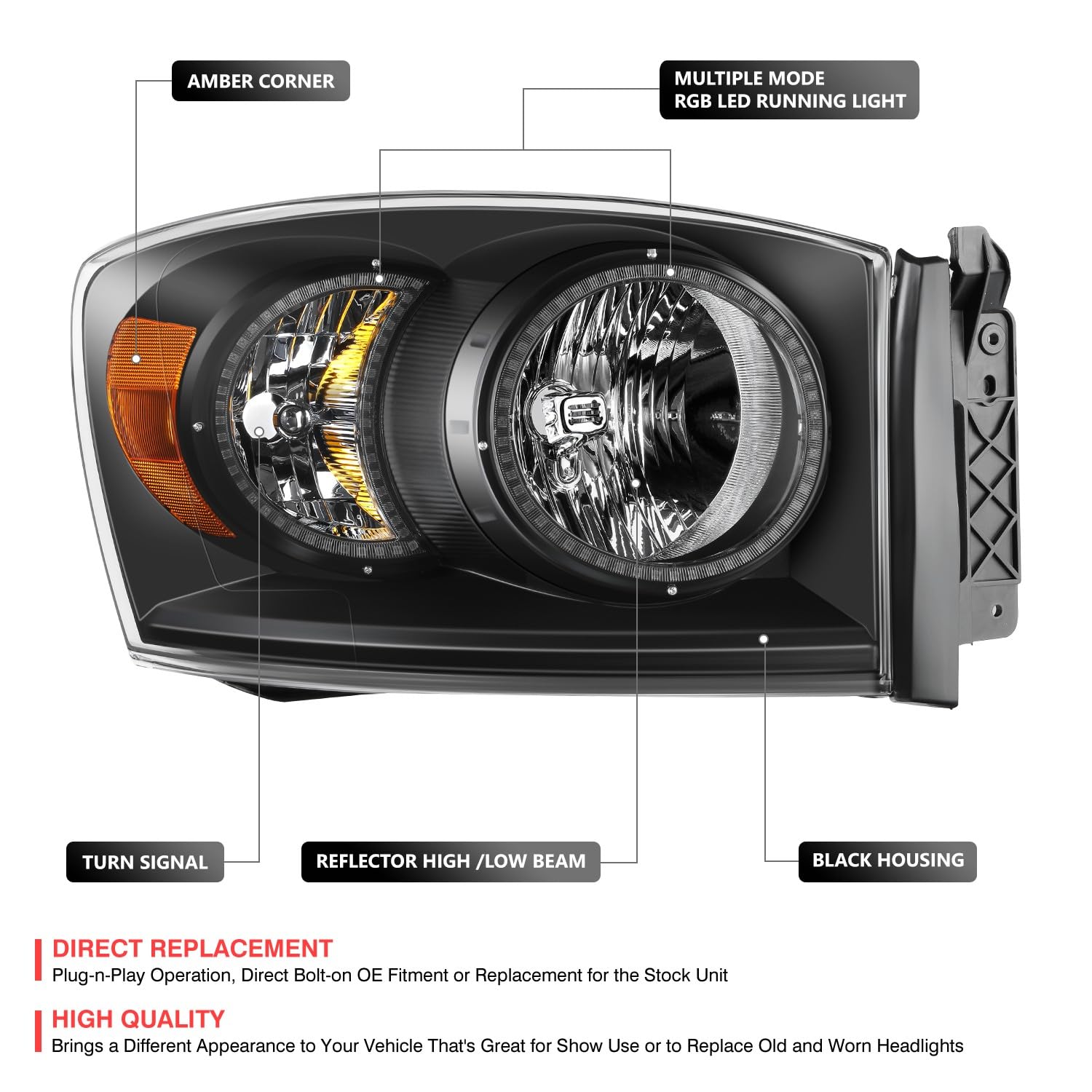 DNA MOTORING RGB LED Headlights for 06-09 Dodge Ram - Black/Amber - Off-Road & Night Driving
