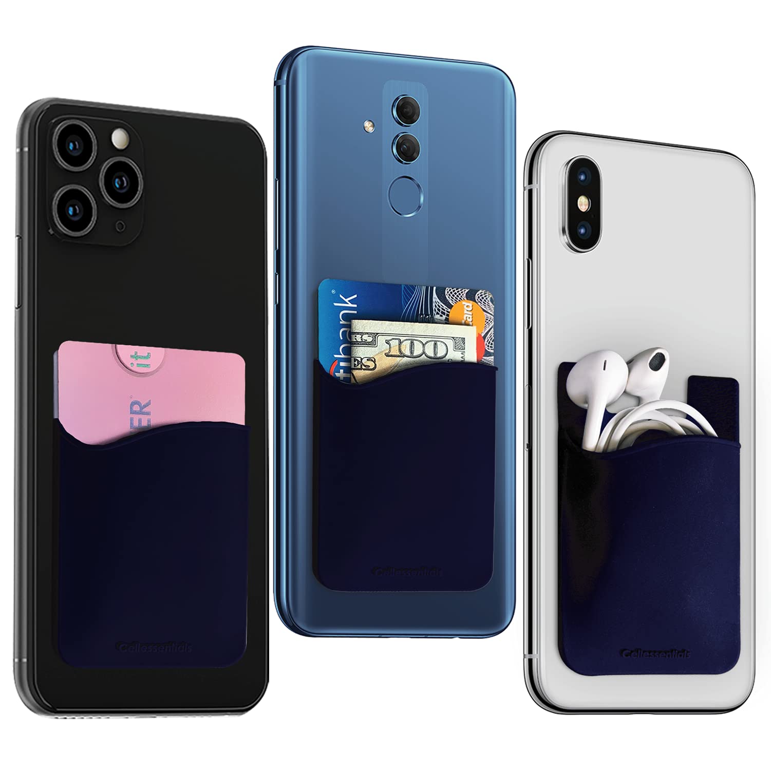 Silicone Stick-On Phone Wallet with Credit Card & ID Holder - Compatible with iPhone, Android & Smartphones (Navy) | Slim & Secure Card Case for Everyday Use, Travel & Business