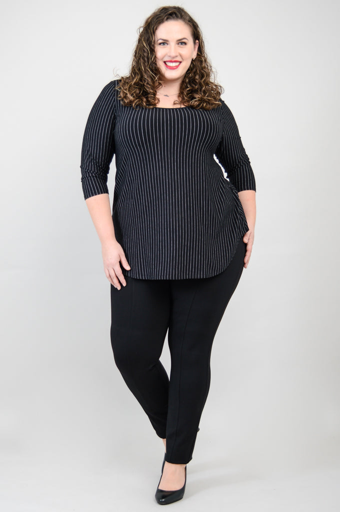 Jazz 3/4 Sleeve Top - Black & White Pin Stripe Bamboo Fabric Women's Blouse for Casual Wear & Office Outfits