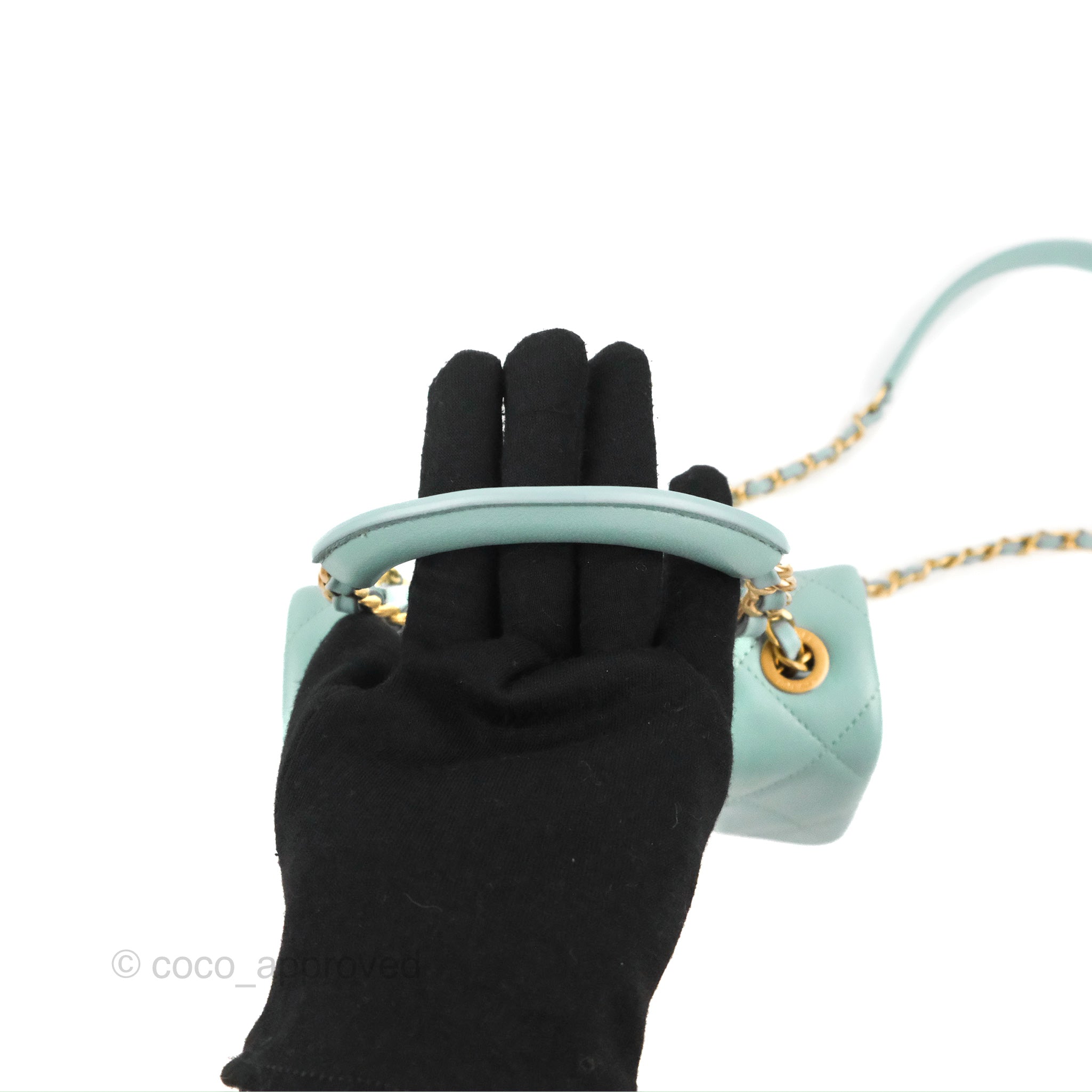 Chanel Tiffany Blue Lambskin Circular Handle Square Flap Bag with Aged Gold Hardware - Luxury Crossbody Bag for Women, Perfect for Parties & Evening Events