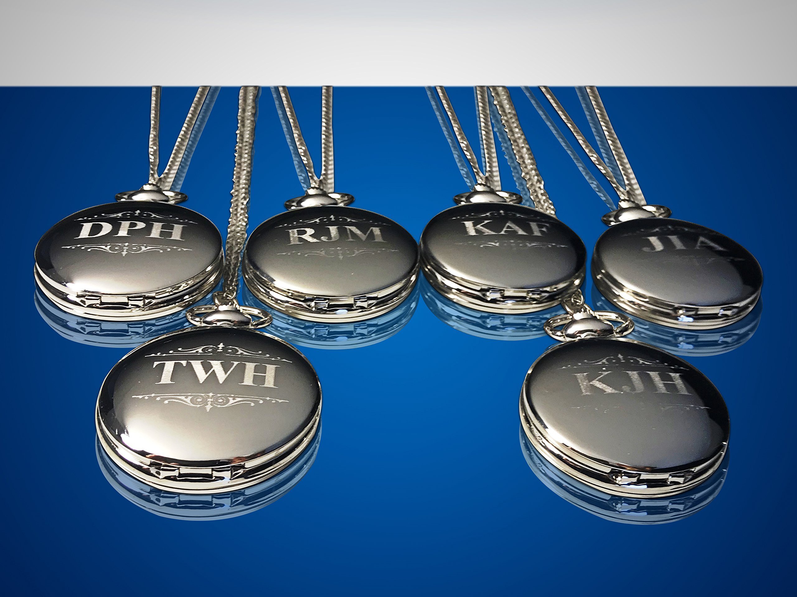6 Silver Pocket Watches for Groomsmen - Engraved Gift Set with Chains & Display Box - Perfect for Weddings, Anniversaries & Special Occasions