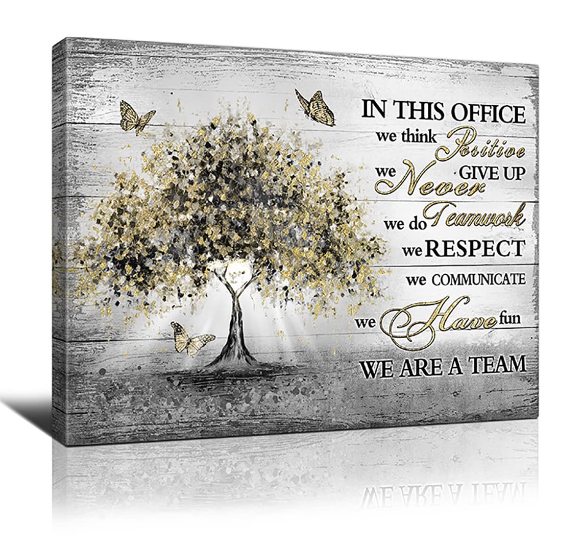 Black & Gold Tree Canvas Wall Art - 16x12 Inch Framed Modern Office Rules Poster for Teamwork & Inspiration | Perfect for Office, Home Office & Workspace Decor