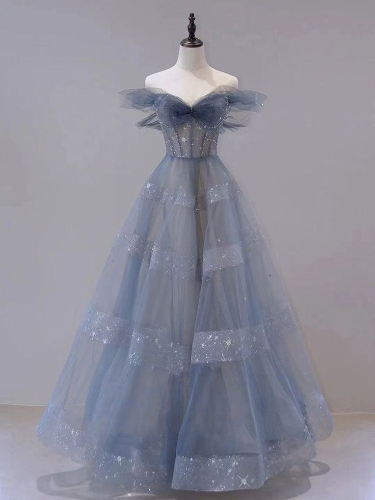 Elegant Off-The-Shoulder Blue Tulle A-Line Long Prom Dress J2563 | Formal Evening Gown for Homecoming, Quinceañera & Special Occasions
