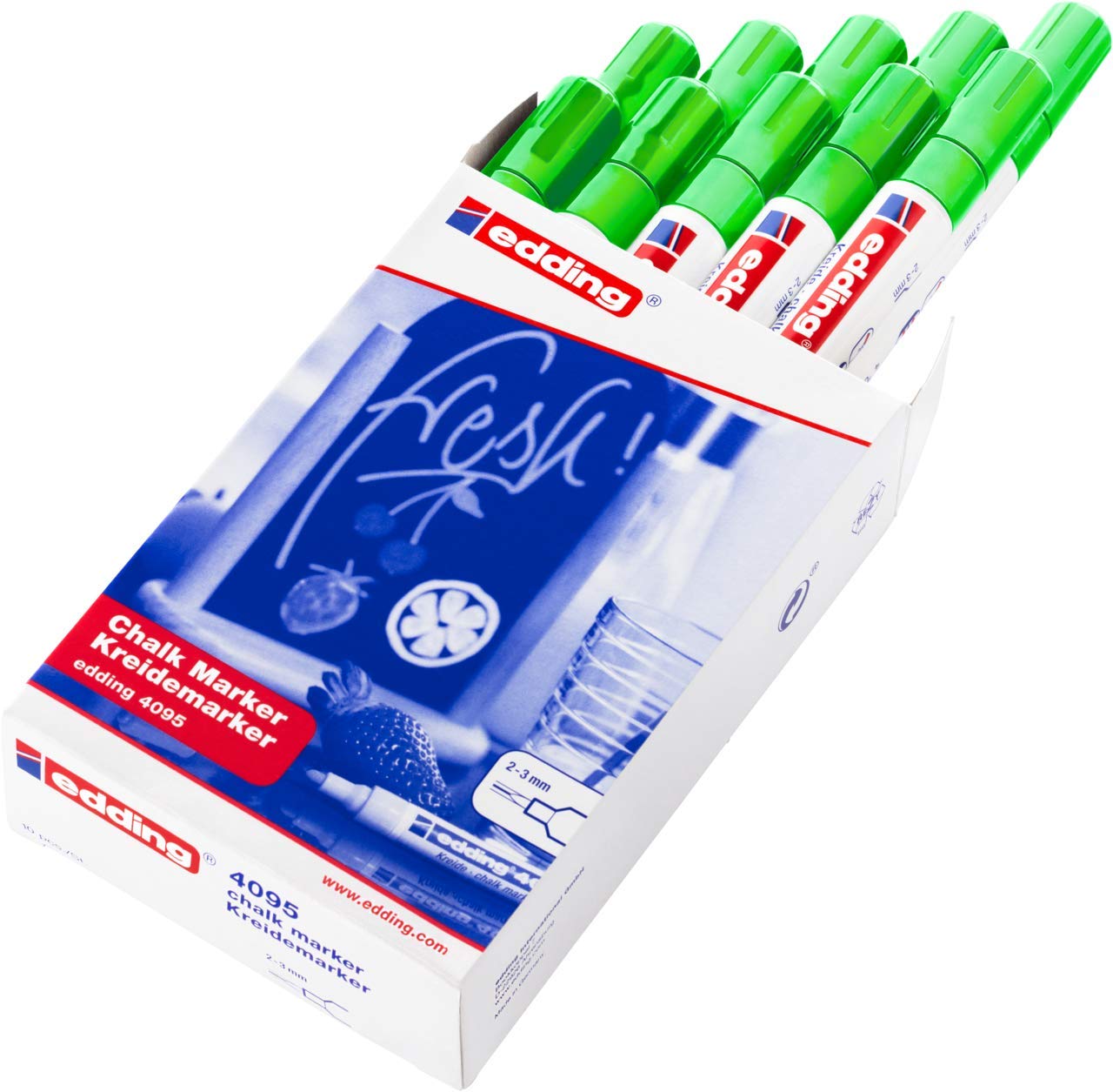 edding 4095 Chalk Markers - 10 Pack Light Green Liquid Chalk Pens with 2-3mm Round Medium Tip for Opaque Writing - Perfect for Chalkboards, Windows, Glass, Mirrors - Ideal for Restaurants, Classrooms, Retail Signs & DIY Crafts