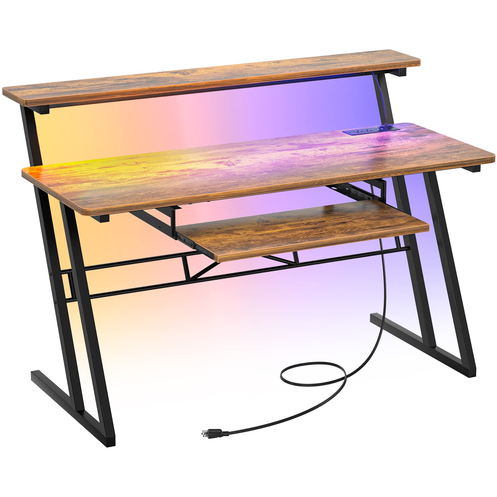 Armocity Music Studio Desk with Power Outlets & RGB LED Lights - Professional Recording Desk for Music Producers - Adjustable Rustic Brown Workstation for Home & Professional Studios | Perfect for Music Production, Podcasting & Audio Editing