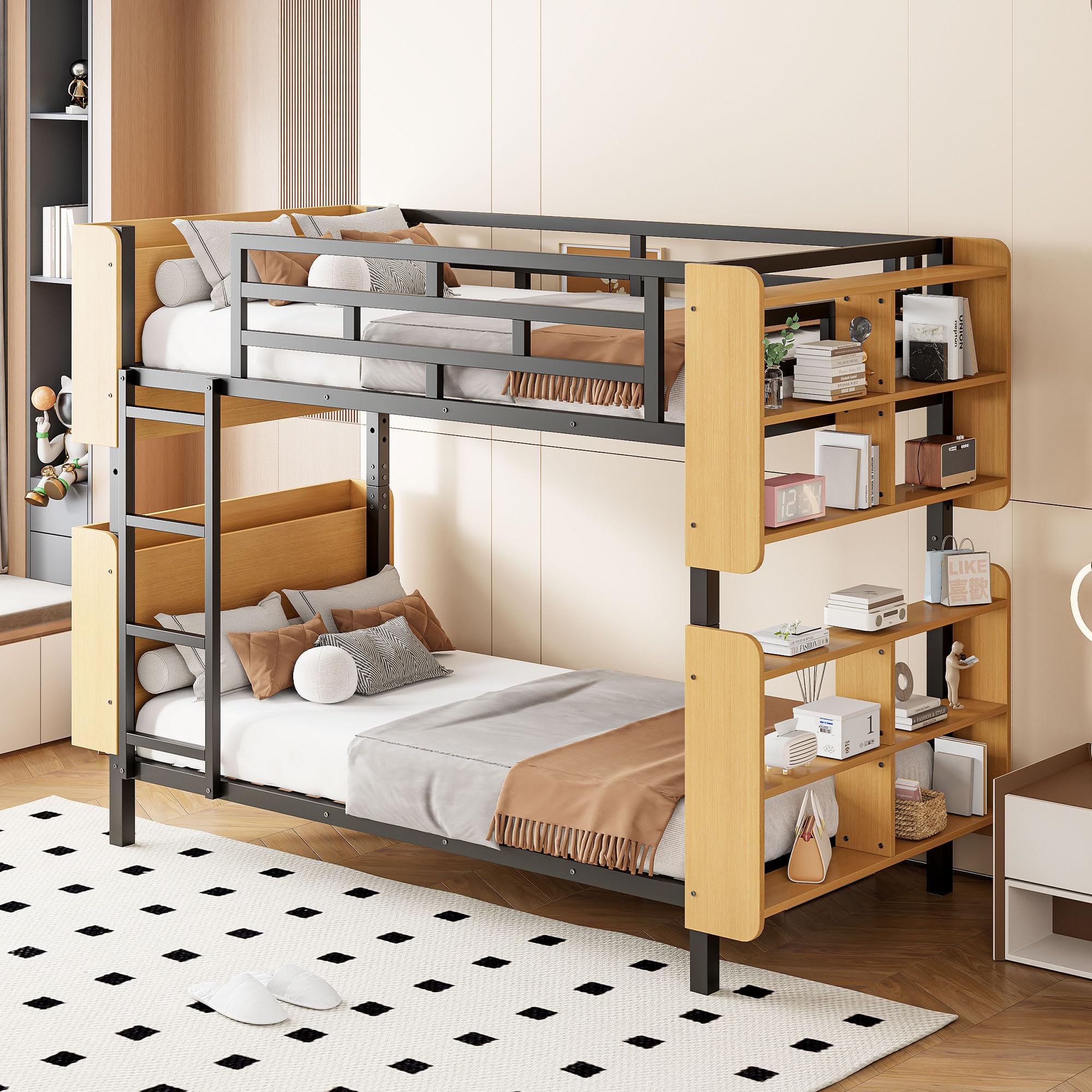 P PURLOVE Twin Over Twin Metal Bunk Bed with Ladder & Full-Length Guardrail - Space-Saving Kids Bunk Bed Frame with Storage for Bedroom, Dorm, or Guest Room - Sturdy & Safe Sleeping Solution for Siblings or Sleepovers