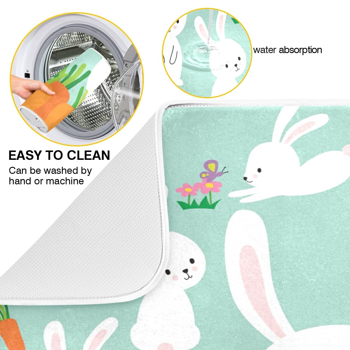Easter Bunny Rabbit Flowers Dish Drying Mat - Absorbent Large Kitchen Drying Pad (18