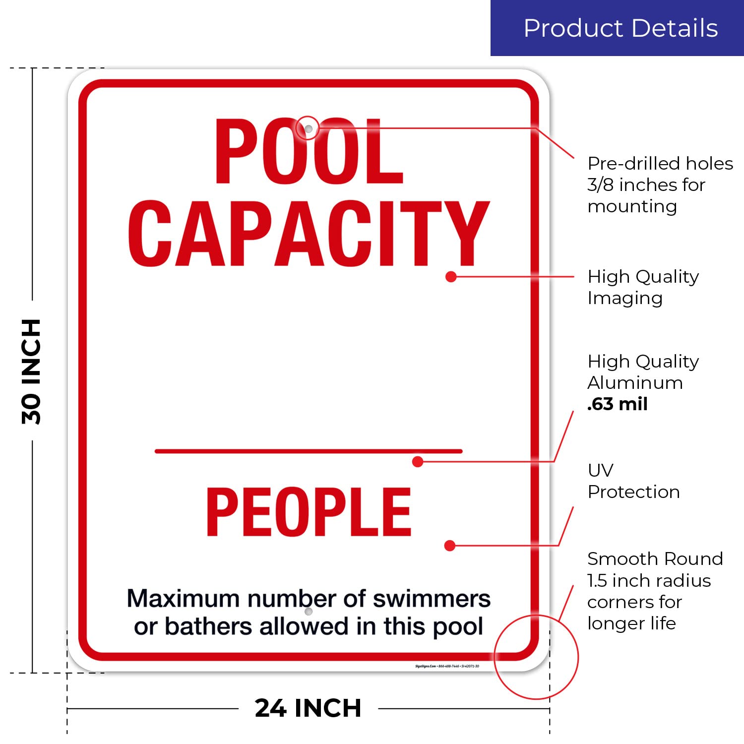 Pool Capacity Sign - 24x30 Inches Rust-Free .063 Aluminum Fade-Resistant Safety Sign | Made in USA | Perfect for Public Pools, Water Parks & Community Centers