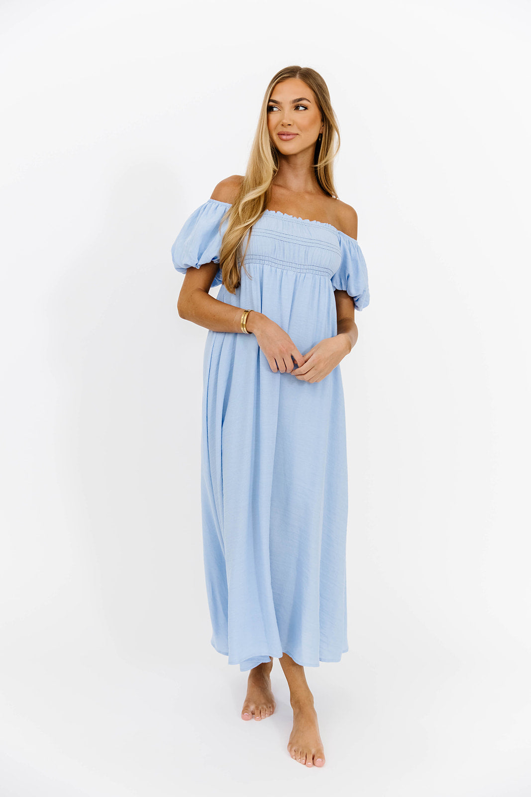 Belle Puff Sleeve Maxi Dress for Women - Flowy Long Summer Dress with Ruffle Details in Baby Blue | Perfect for Beach Vacations, Weddings & Date Nights