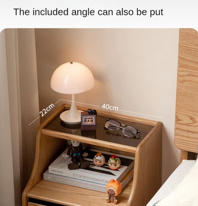 Solid Oak Wood Nightstand with Glass Top - Modern Bedside Table for Bedroom, Living Room, or Office