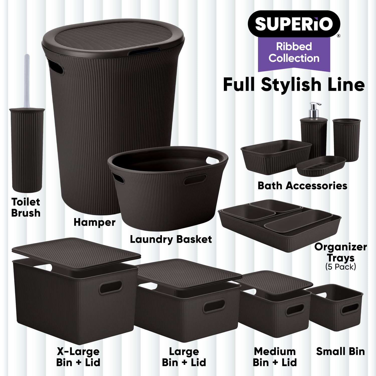 Superior Ribbed Plastic Storage Bins - 2 Pack Large Brown Organizer Baskets (15L/16Qt) for Home Closet, Shelf & Drawer Organization | Perfect for Bedroom, Bathroom & Office Storage Solutions