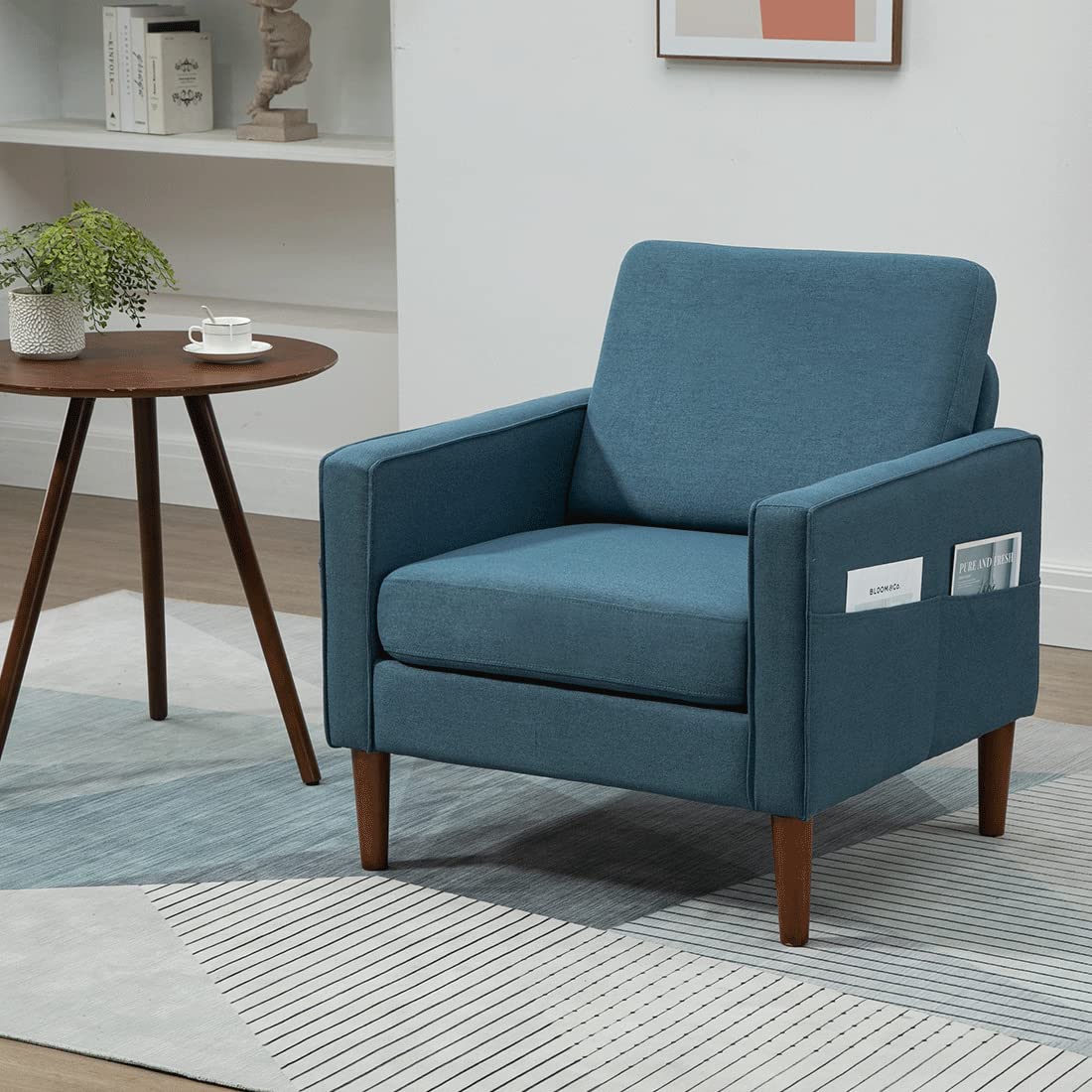 Modern Accent Chair for Living Room & Bedroom - Upholstered Linen Fabric Armchair with Wide Wooden Legs - Blue Single Sofa Chair | Perfect for Reading Nooks, Home Office & Cozy Corners