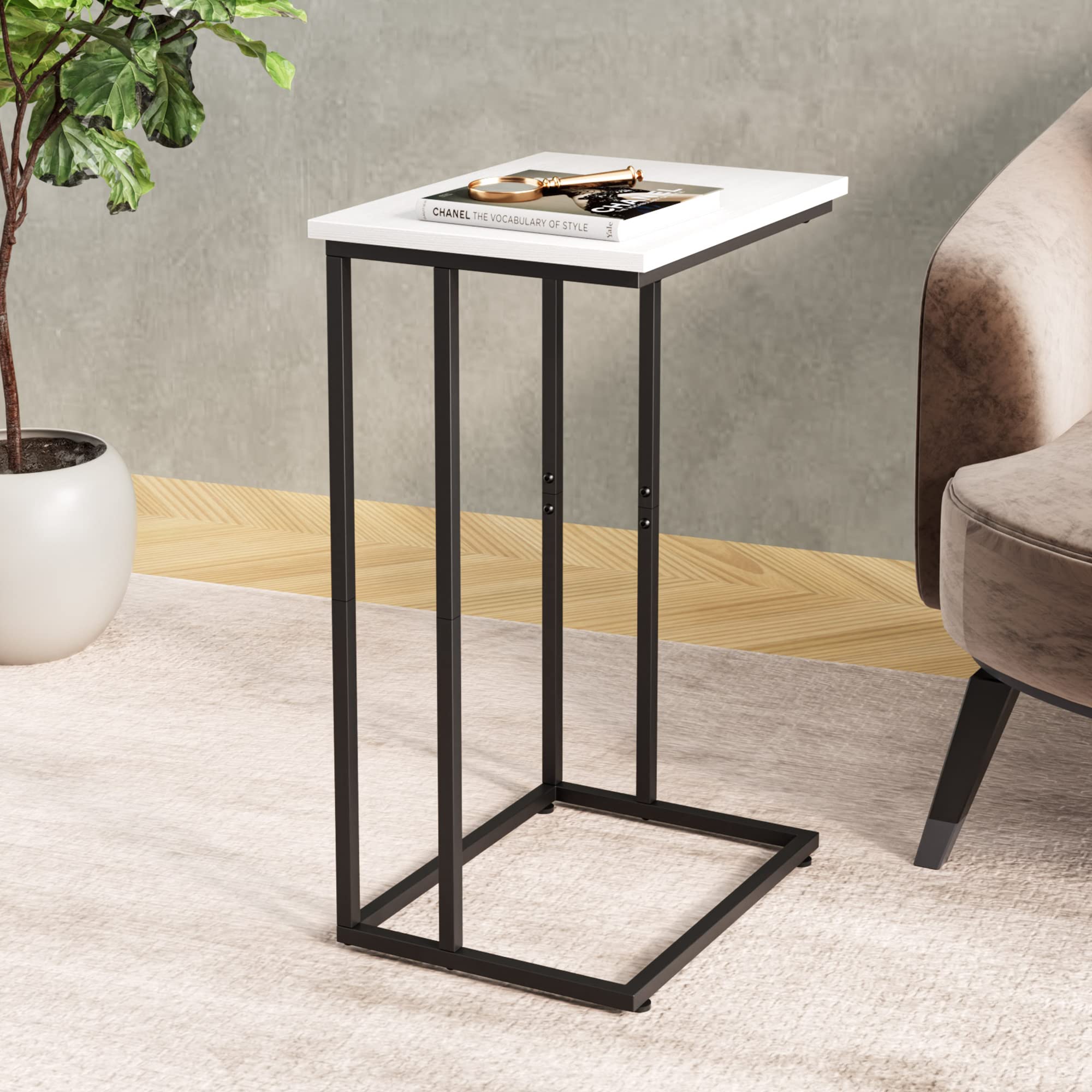 Industrial Style White Wide C Side Table - Metal Frame Couch Laptop Table with Snack Tray for Sofa & Bed - Perfect for Living Room, Bedroom, Office or Dorm Use