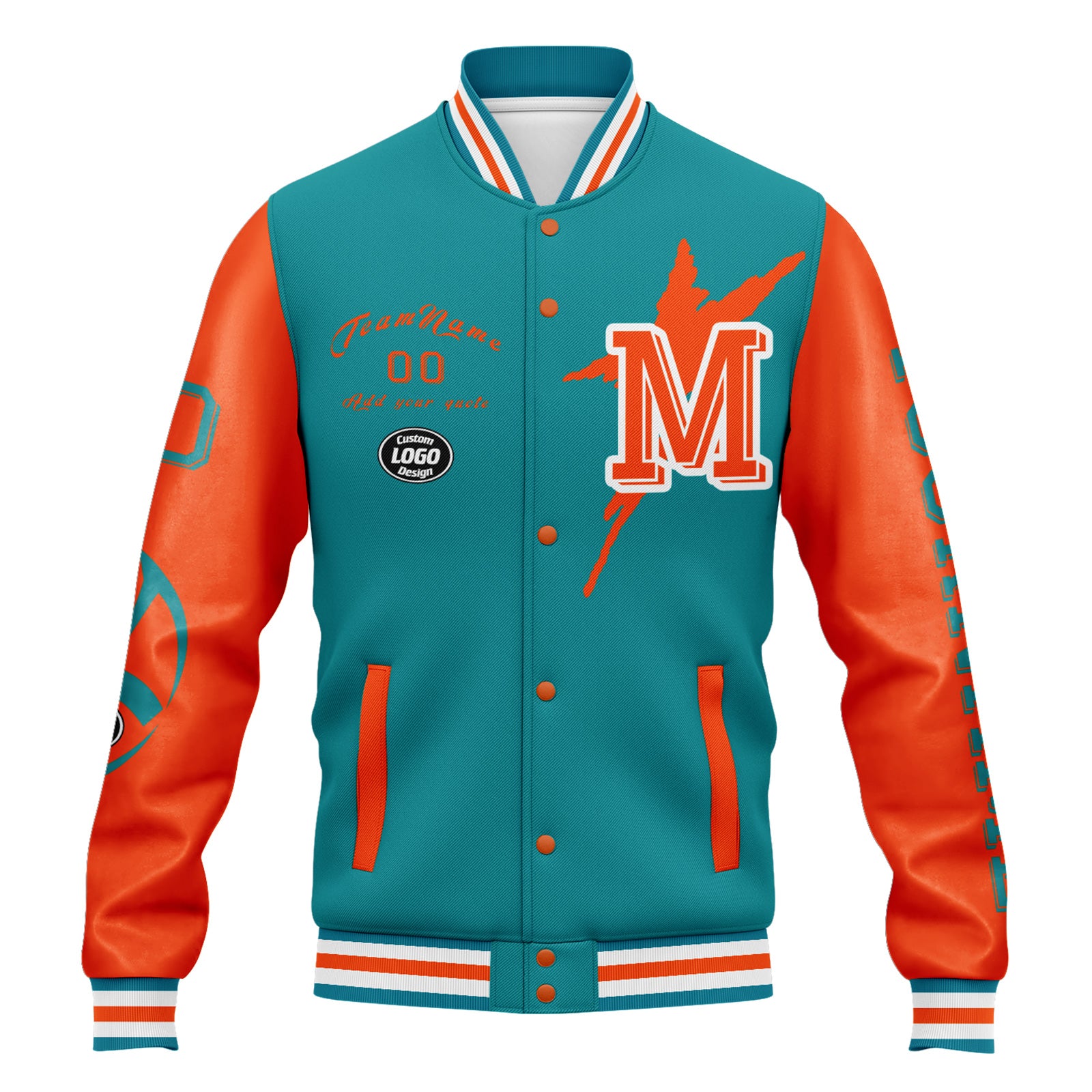 Custom Blue & Orange Miami Bomber Jacket - Personalized Varsity Letterman Jacket with Full Snap Closure (FZ005SX D020290 24) - Perfect for School Spirit, Sports Events & Streetwear Fashion