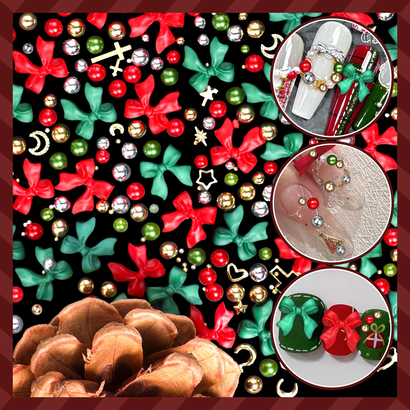 3D Red Bow Nail Charms & Pearls - Silver Gold Nail Caviar Beads, Star Moon Rivet Gems for DIY Nail Art Design | Perfect for Manicures, Salon Nail Decorations & Gift Giving