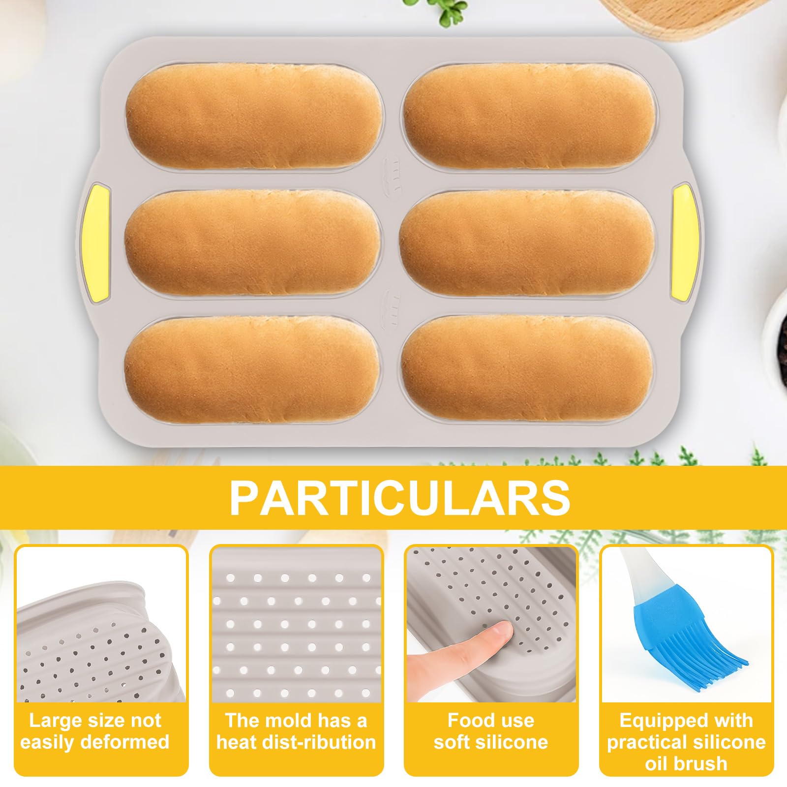 Nonstick Silicone Baguette Pan - 6-Cavity Perforated Baking Tray for French Bread, Hot Dog Buns & Sandwiches | Oven-Safe Bread Mold in Nordic Brown | Perfect for Home Baking, Restaurants & Bakeries